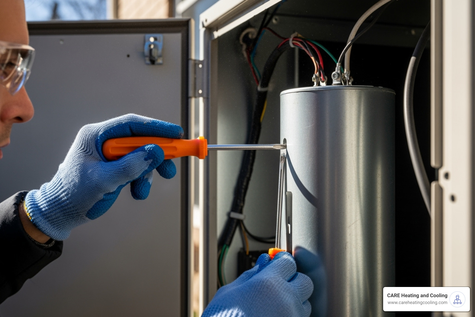 Image showing a technician safely discharging a capacitor with an insulated screwdriver - AC capacitor replacement