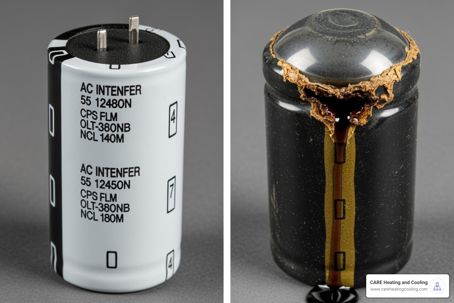 Image comparing a healthy capacitor to a bulging, leaking one - AC capacitor replacement