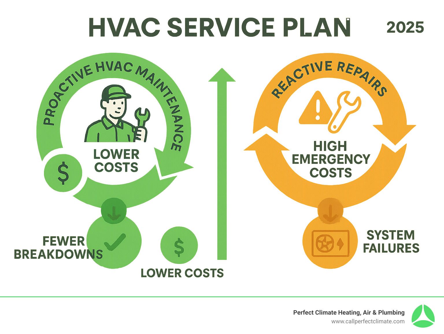 Infographic showing the cycle of proactive HVAC maintenance leading to lower costs and fewer breakdowns versus reactive repairs resulting in high emergency costs and system failures - HVAC service plan infographic 