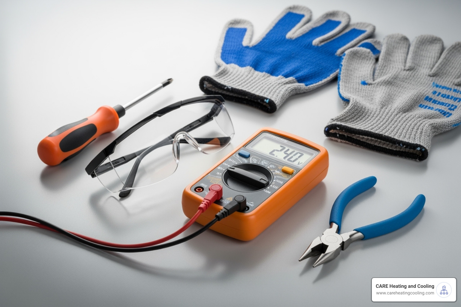 Image of necessary tools: insulated screwdriver, multimeter, safety glasses, work gloves, needle-nose pliers - AC capacitor replacement