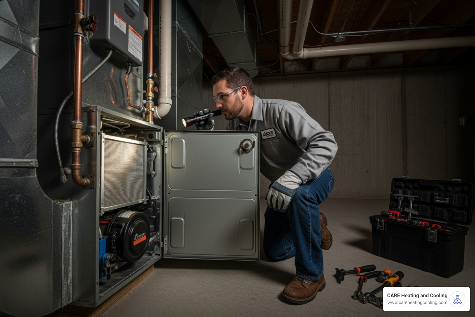 technician inspecting a furnace with a flashlight - Heating system problems technician inspecting a furnace with a flashlight - Heating system problems