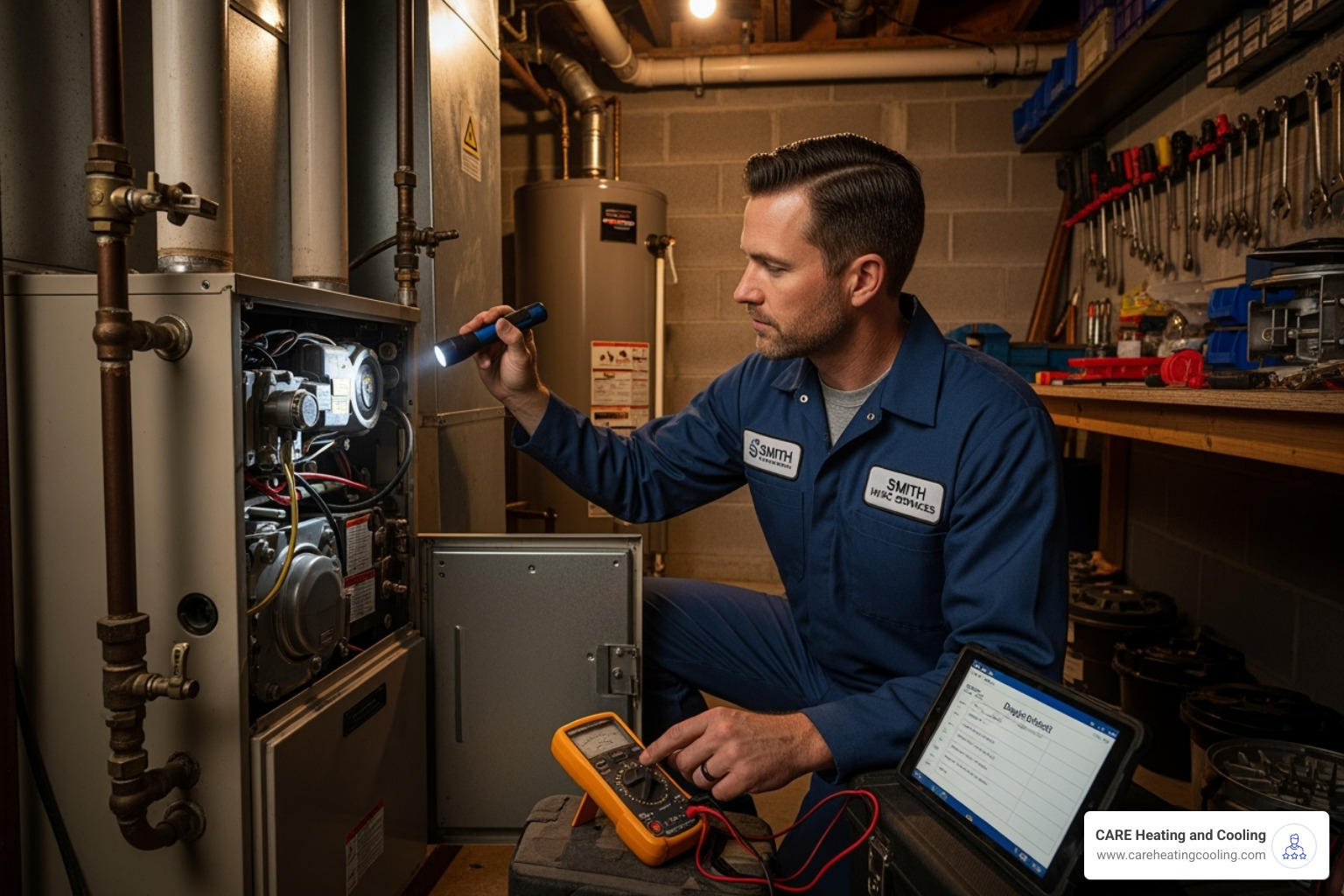 technician performing a furnace tune-up - Heating system problems technician performing a furnace tune-up - Heating system problems