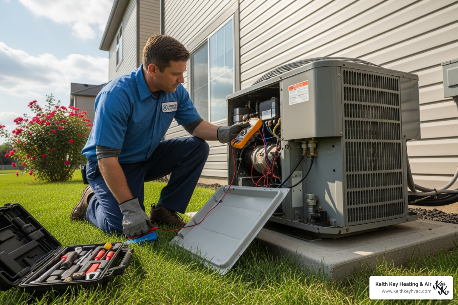an HVAC technician inspecting an outdoor compressor unit - AC blowing warm air an HVAC technician inspecting an outdoor compressor unit - AC blowing warm air