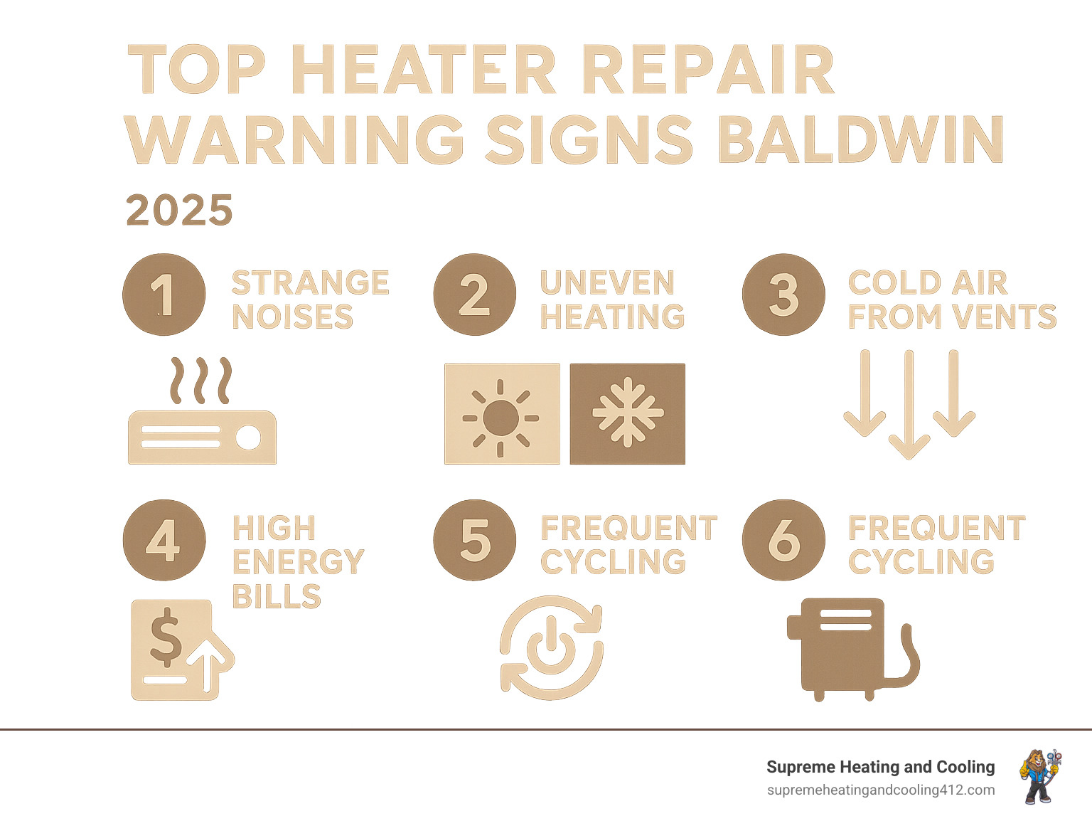 Infographic showing the top 5 warning signs your heater needs immediate repair in Baldwin, including strange noises from the unit, uneven heating between rooms, cold air from vents, sudden energy bill increases, and frequent system cycling on and off - heater repair Baldwin infographic 
