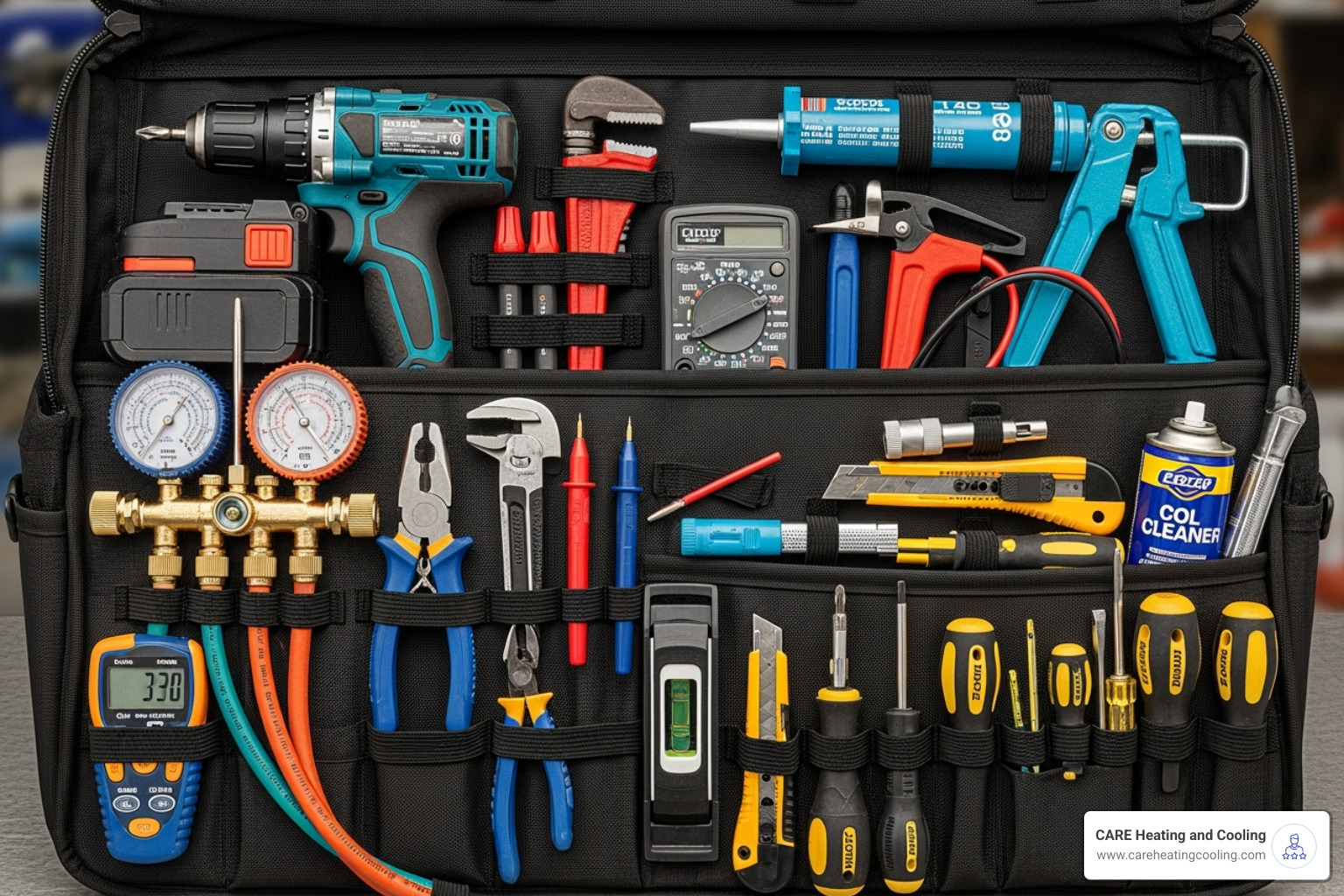 An organized HVAC tool bag with various tools - Licensed HVAC technicians