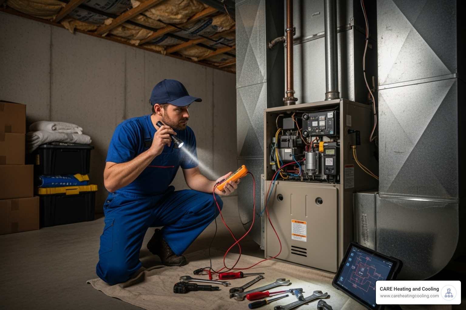 A technician inspecting a furnace - HVAC service plans A technician inspecting a furnace - HVAC service plans