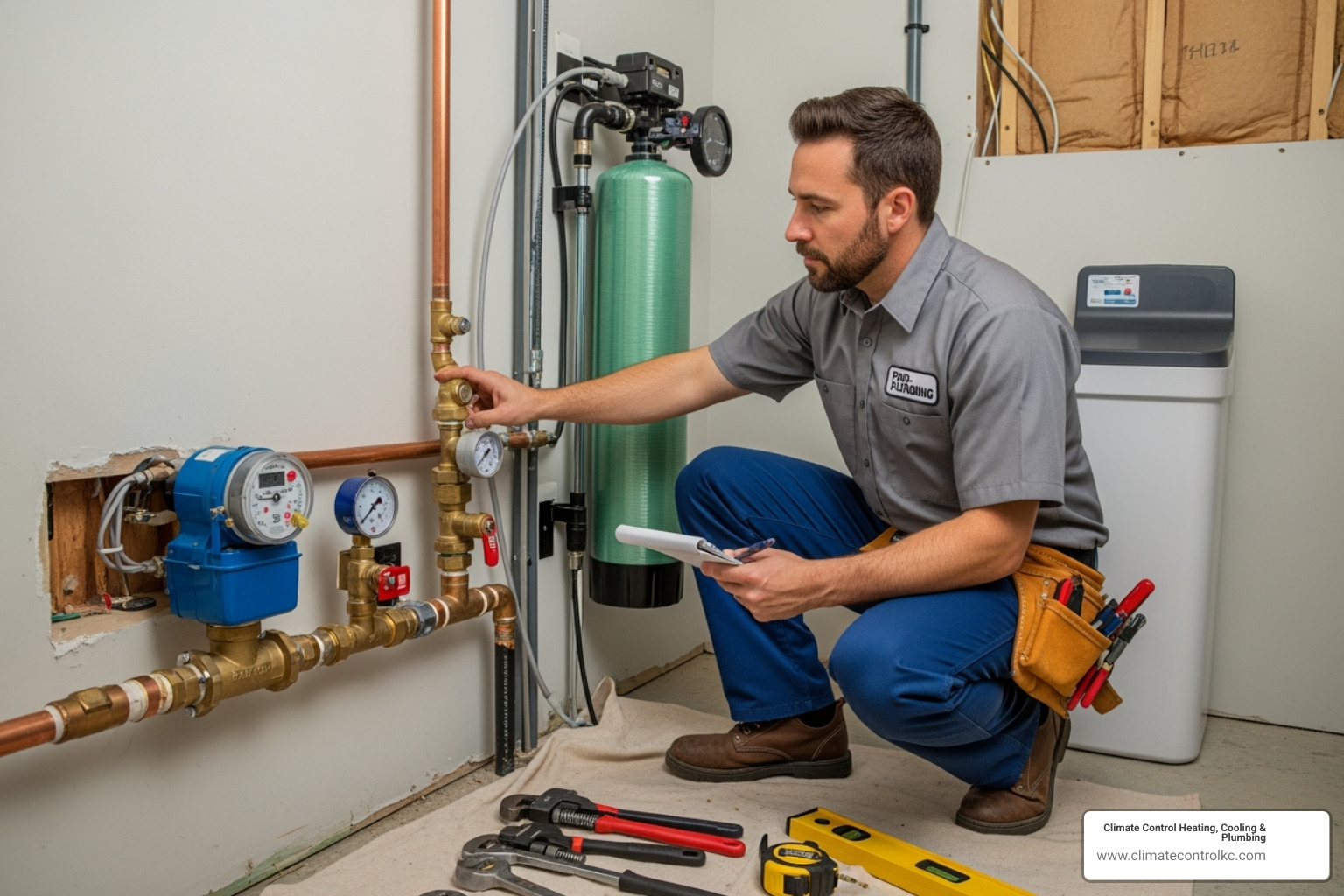A professional plumber assesses a home's main water line area, preparing for water softener installation, highlighting the intricate nature of the task - water softener installation