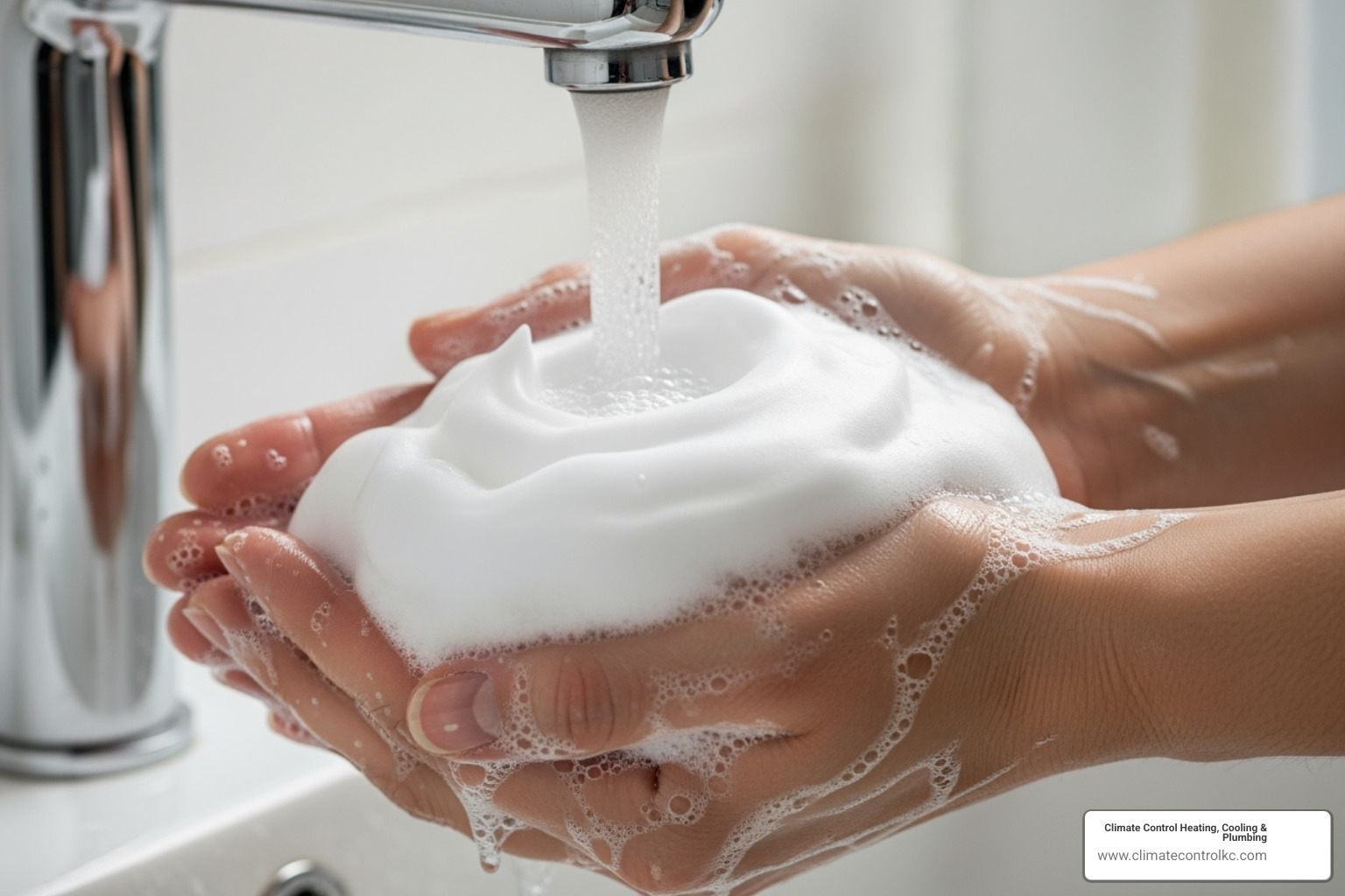A person enjoys abundant lather from soap in their hands under a running faucet, demonstrating the immediate benefits of soft water - water softener installation