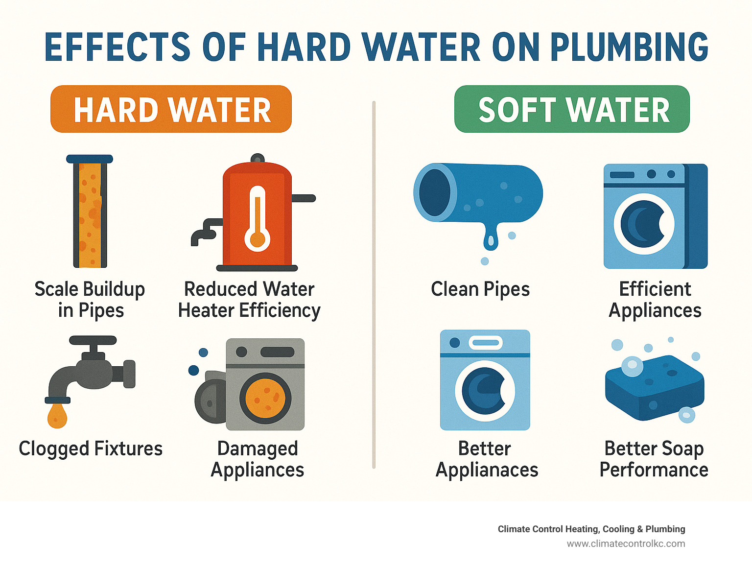 Comprehensive infographic showing the effects of hard water on home plumbing systems, including scale buildup in pipes, reduced water heater efficiency, clogged fixtures, damaged appliances, and the contrast with soft water benefits like clean pipes, efficient appliances, and better soap performance - water softener installation infographic 