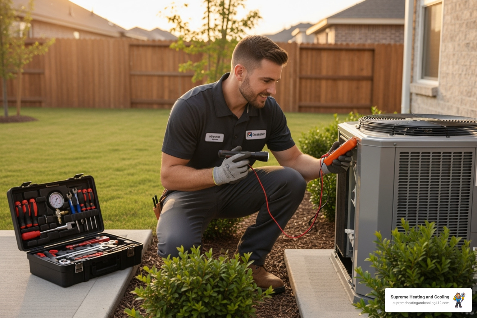 A friendly, professional technician inspecting an HVAC unit - HVAC preventative maintenance