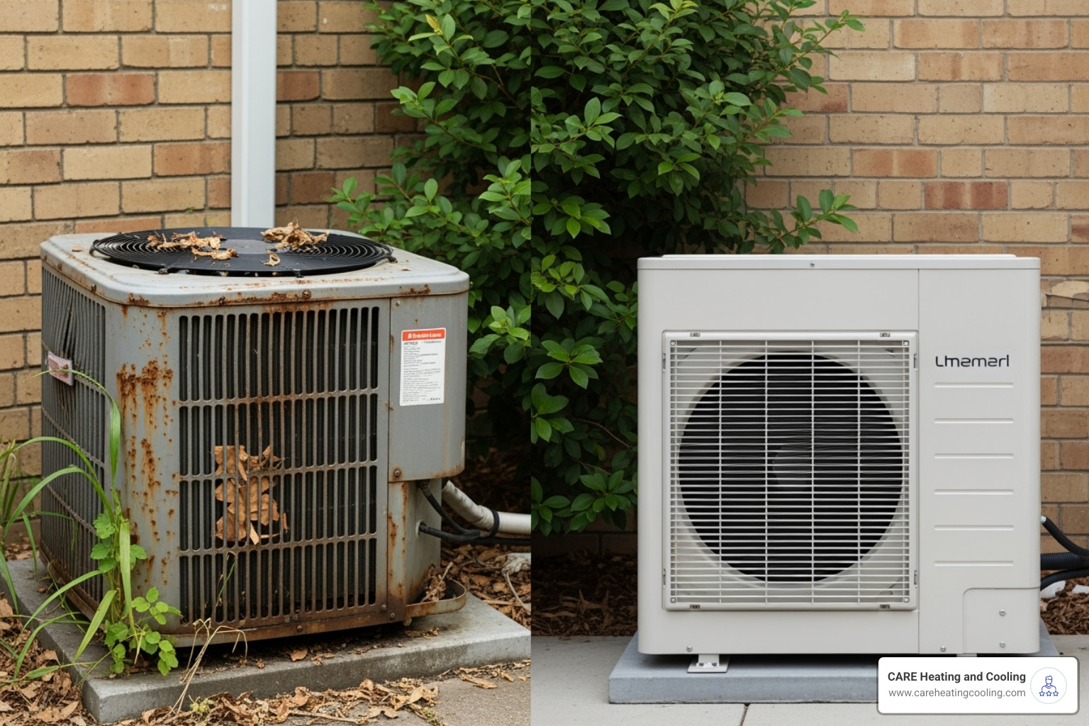 comparing an old, rusty outdoor AC unit to a new, modern one - air conditioning repair westerville comparing an old, rusty outdoor AC unit to a new, modern one - air conditioning repair westerville