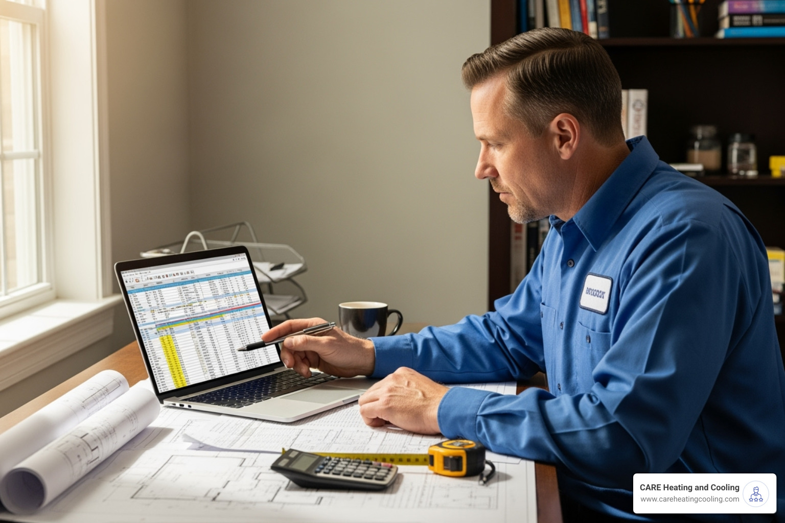 technician performing Manual J calculation - Energy efficient HVAC