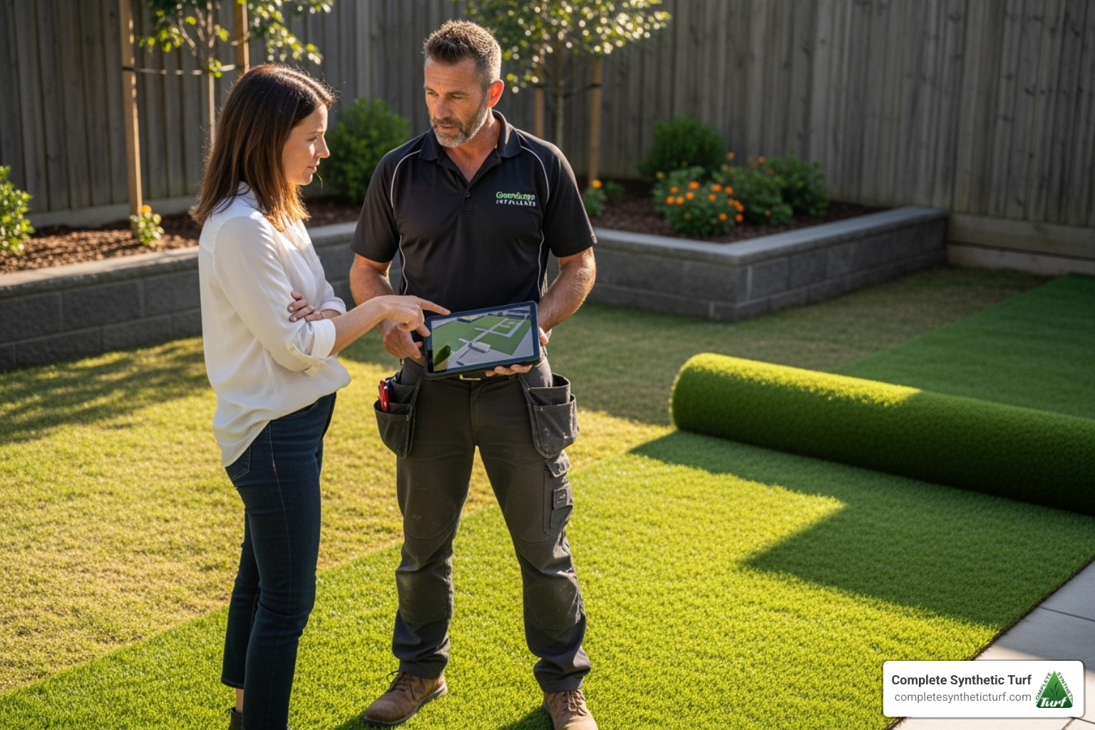 professional installer consulting with a homeowner - artificial grass supplier