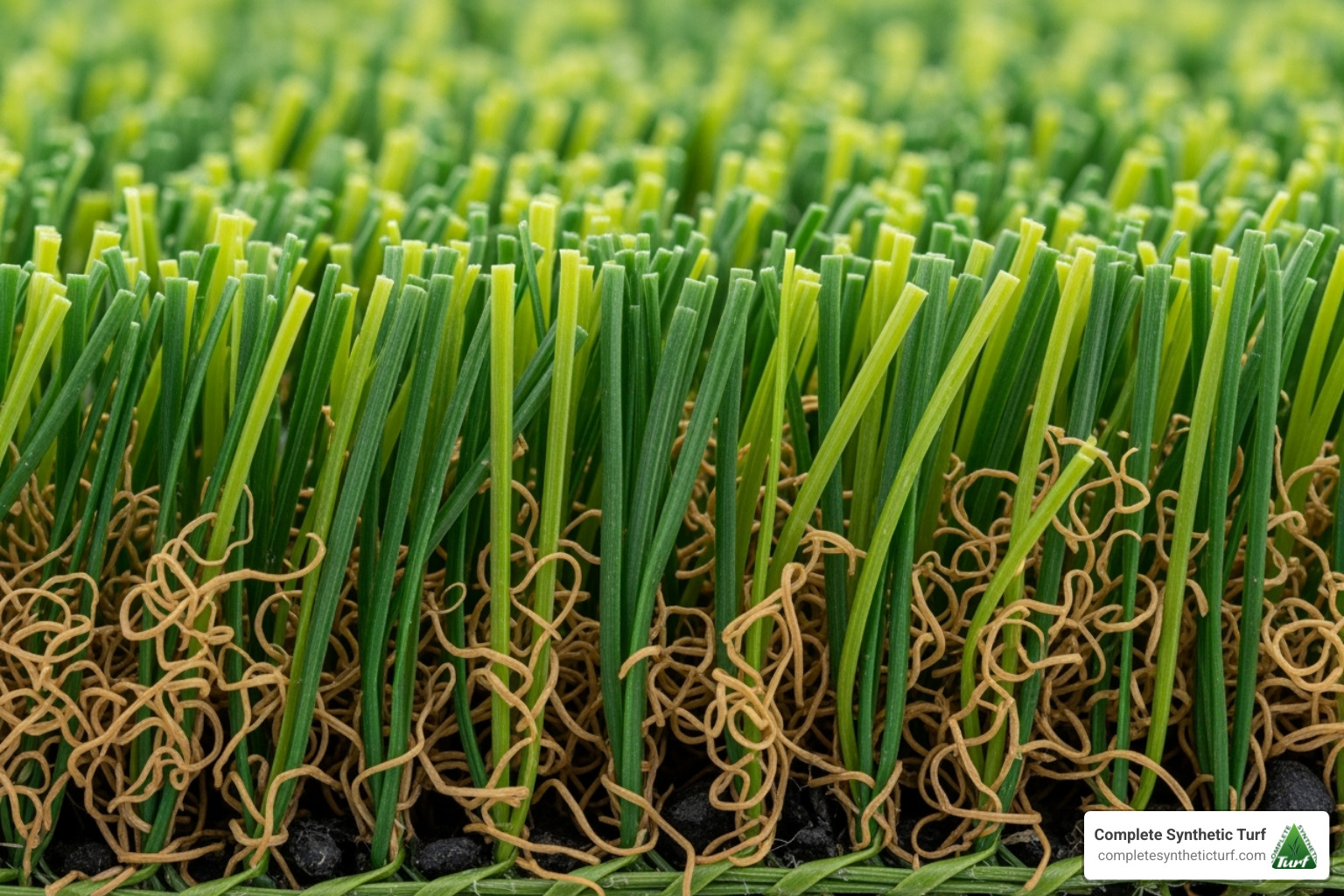 close-up of high-density artificial turf blades with thatch - artificial grass supplier