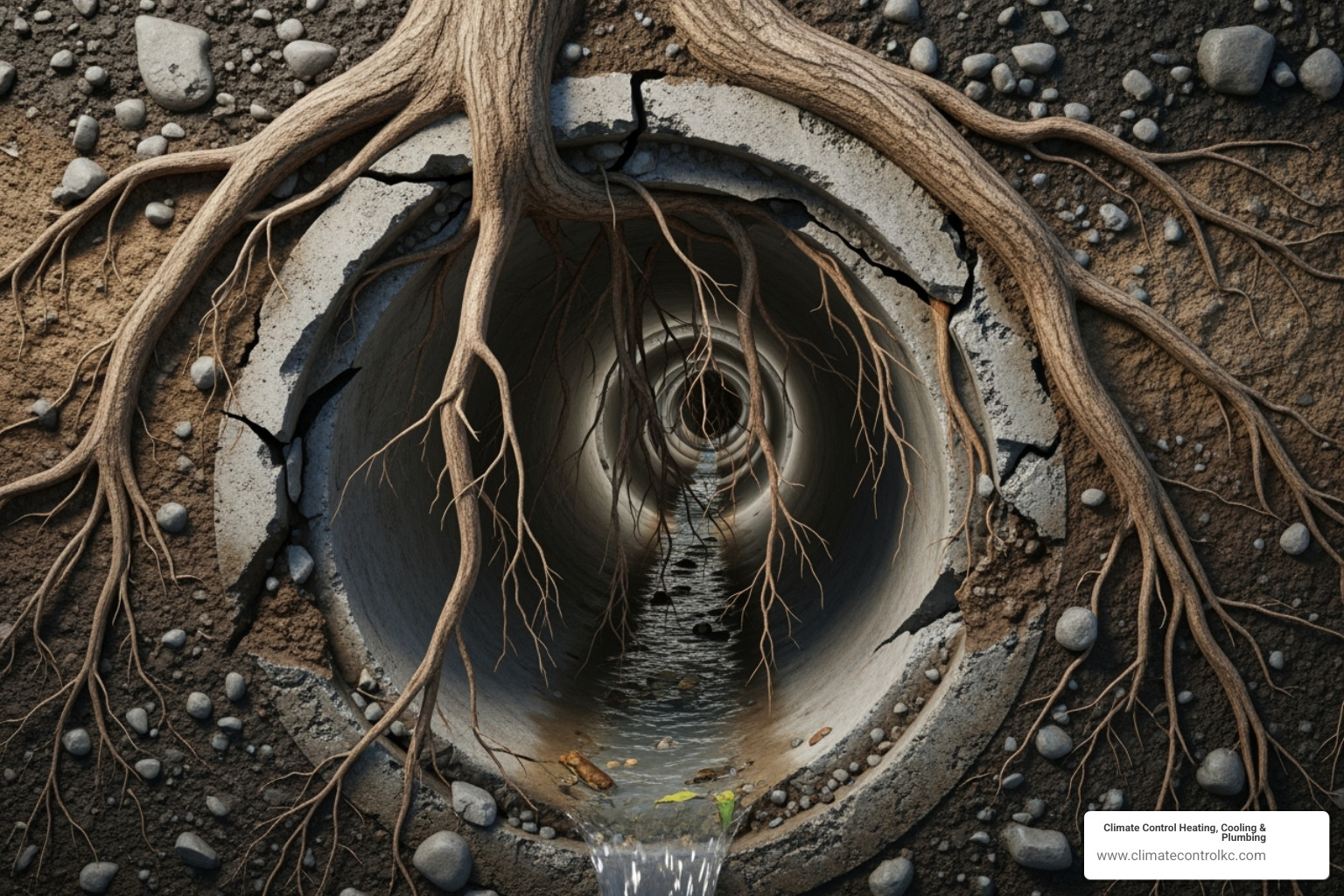 Tree roots breaking through a sewer pipe - drainage system repair