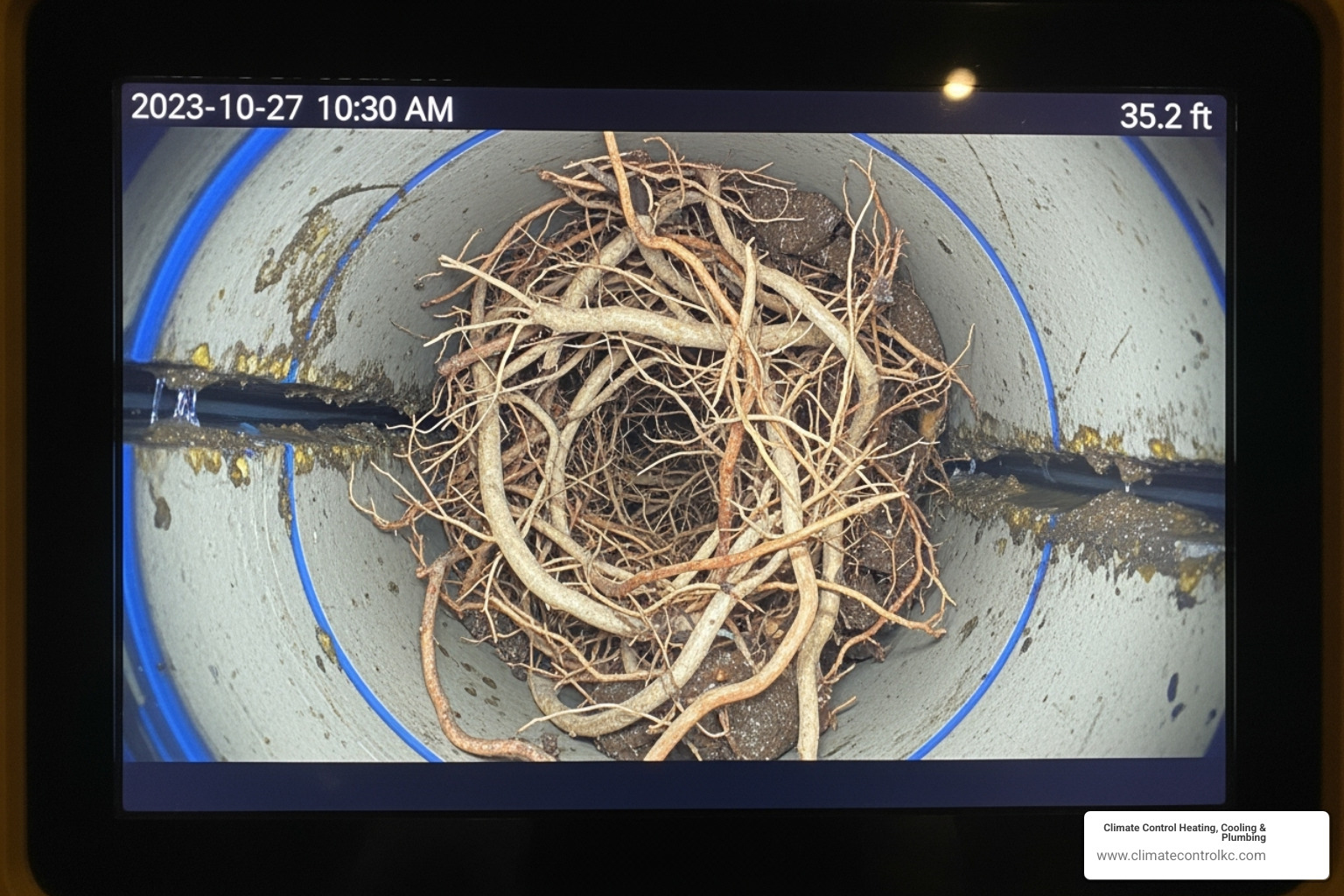 A sewer camera inspection screen showing a severe blockage caused by tree roots - drainage system repair