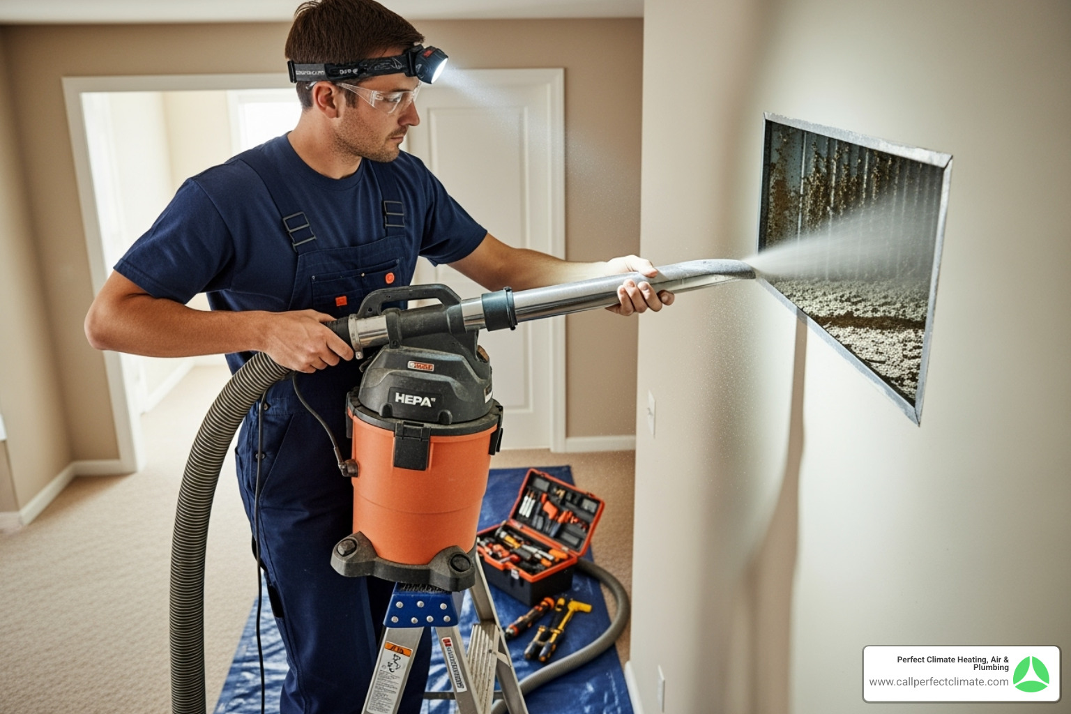 Professional technician using HEPA vacuum - Duct cleaning for allergies