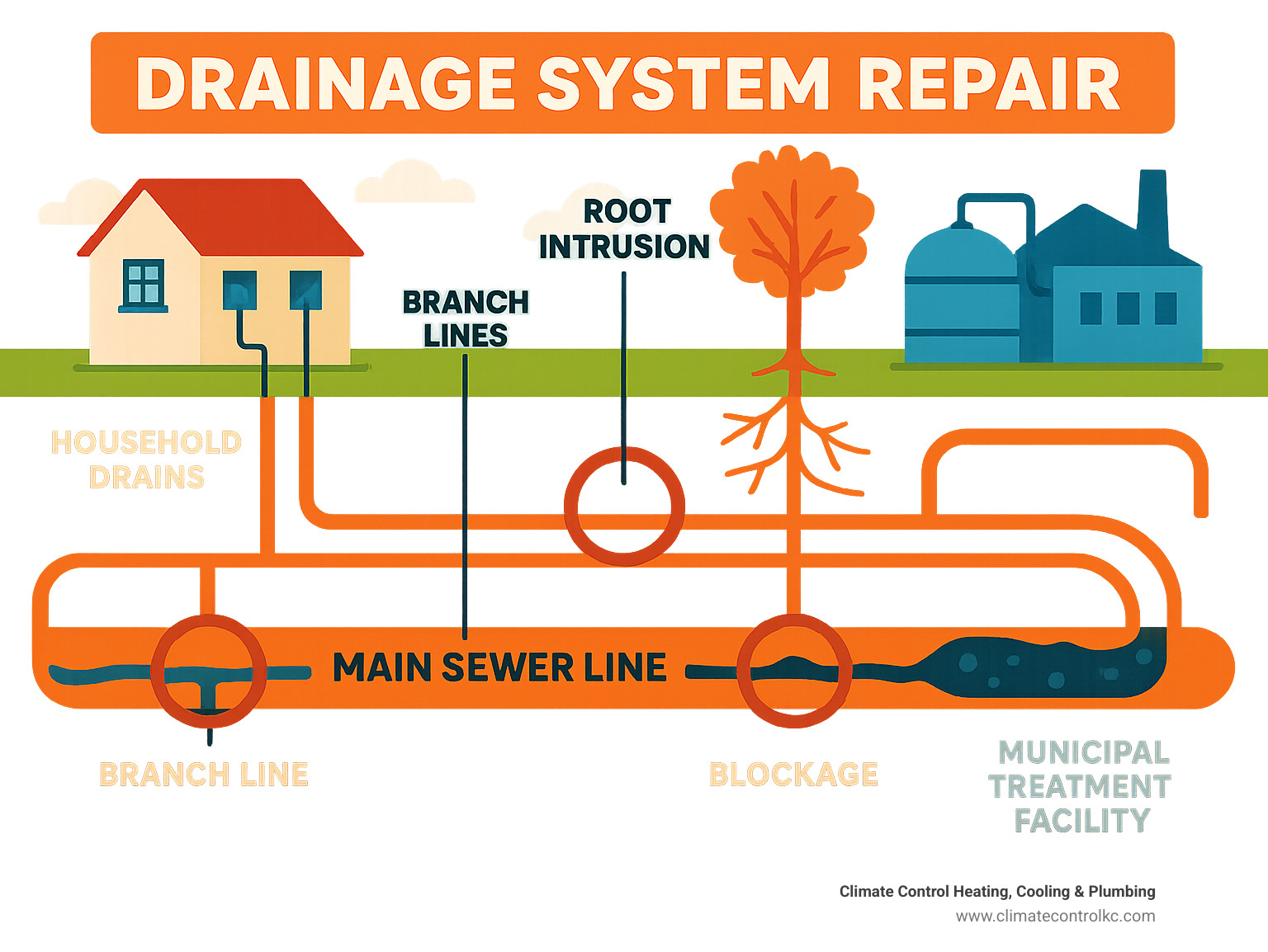 Infographic showing the complete path of wastewater from household drains through branch lines to the main sewer line, then to municipal treatment facilities, with common problem areas marked including pipe joints, root intrusion points, and potential blockage locations - drainage system repair infographic 