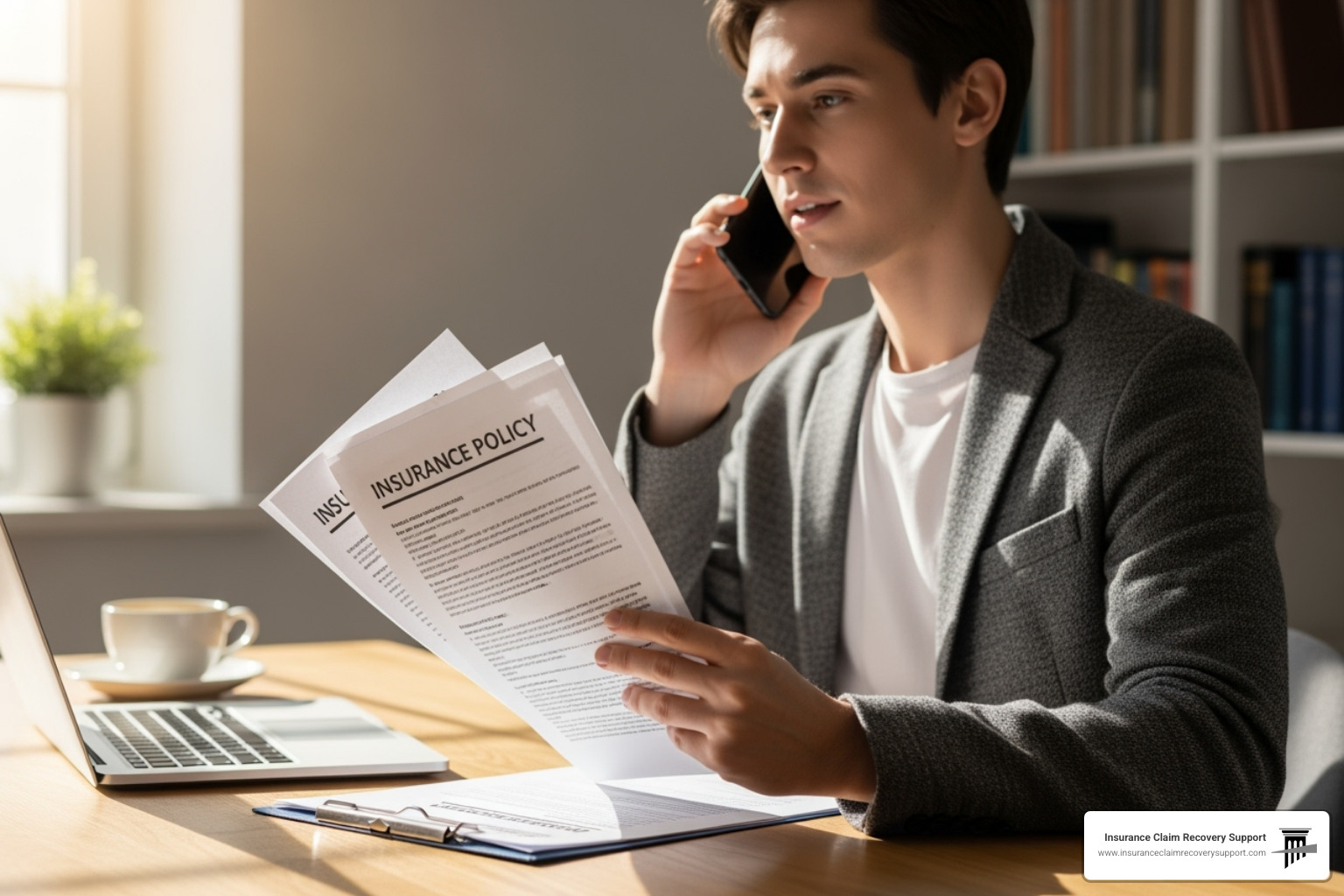 person on the phone with an insurance policy document in hand - insurance claim process steps