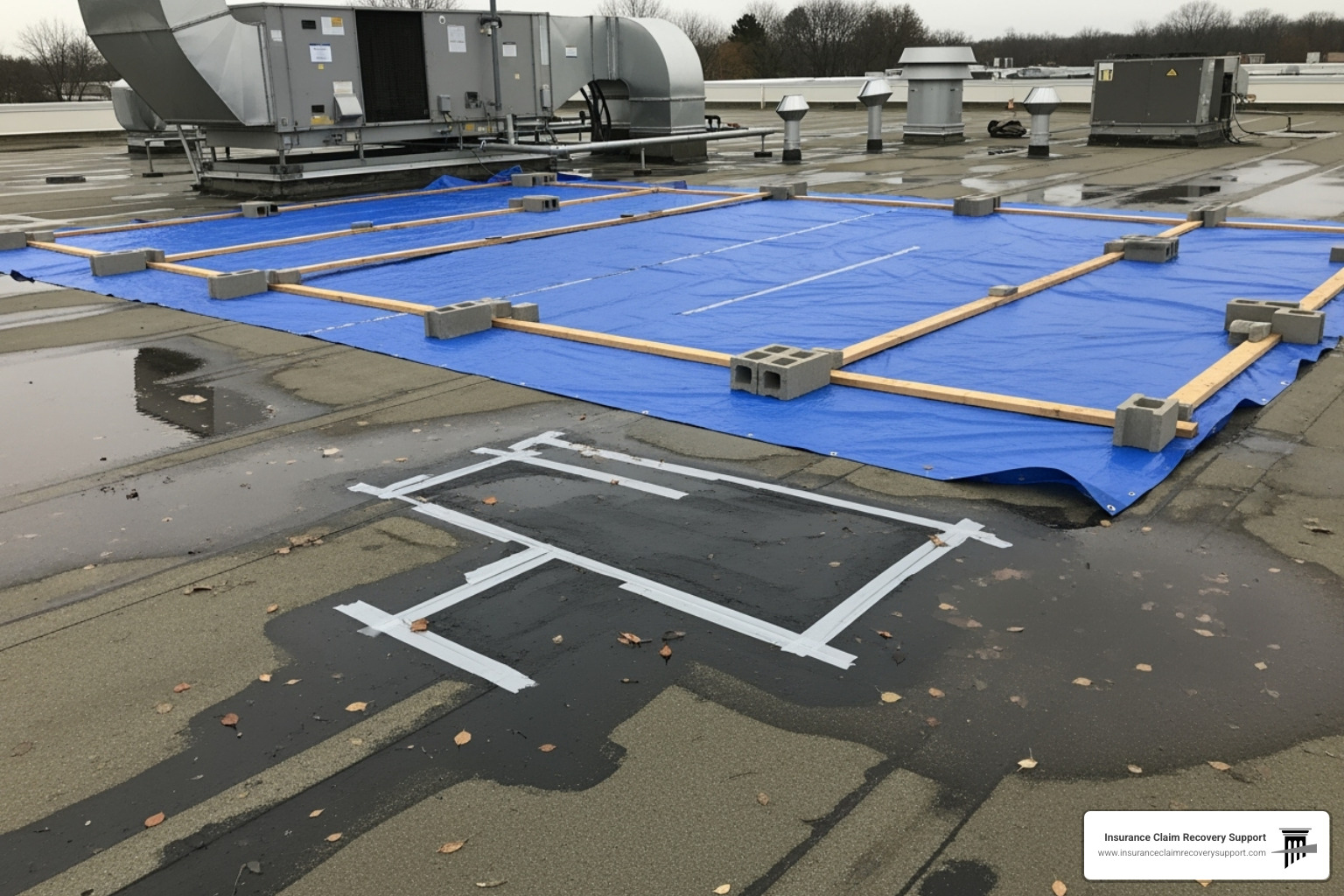 temporary repairs on a commercial roof, like a blue tarp - insurance claim process steps