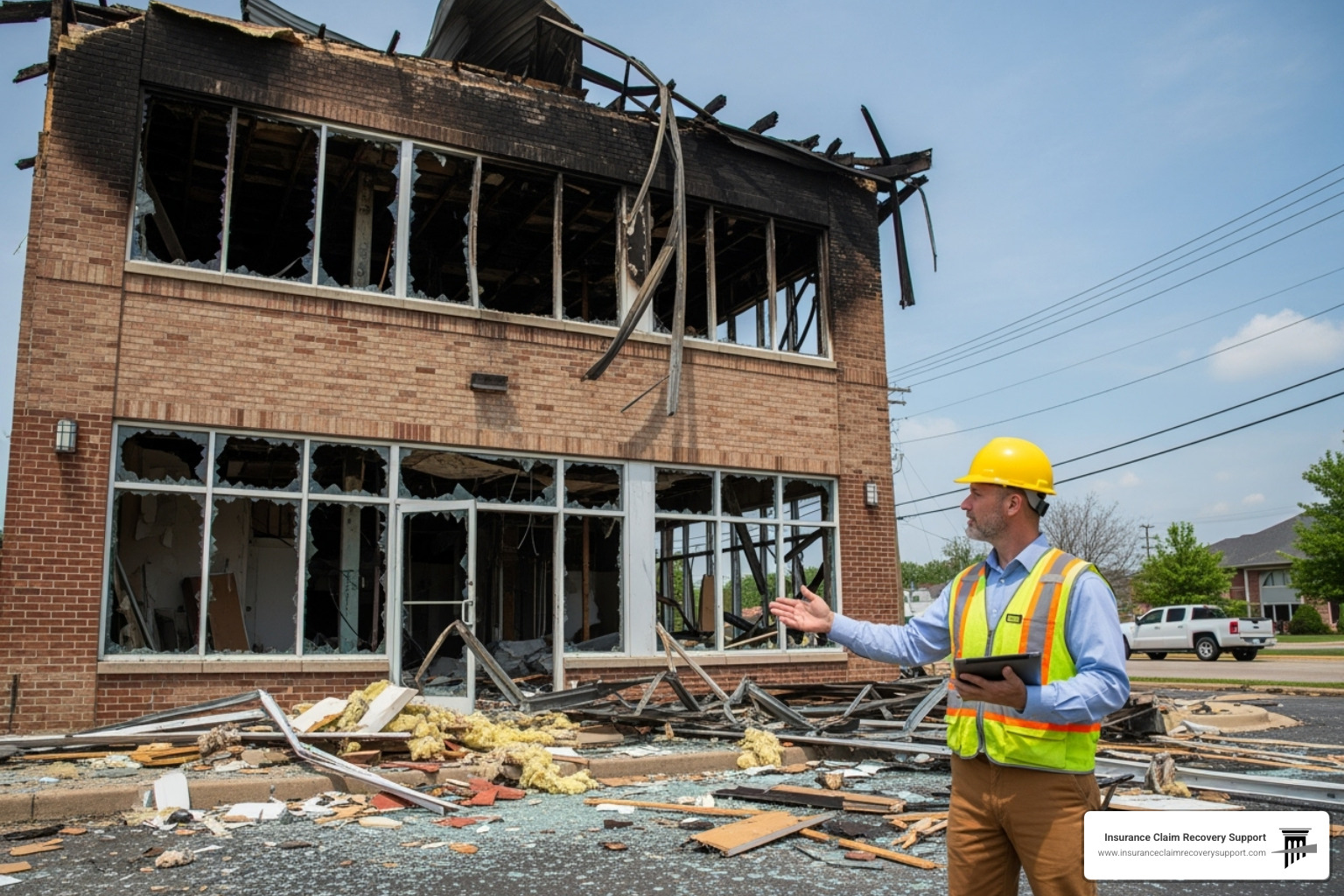 insurance adjuster inspecting a damaged commercial property - insurance claim process steps