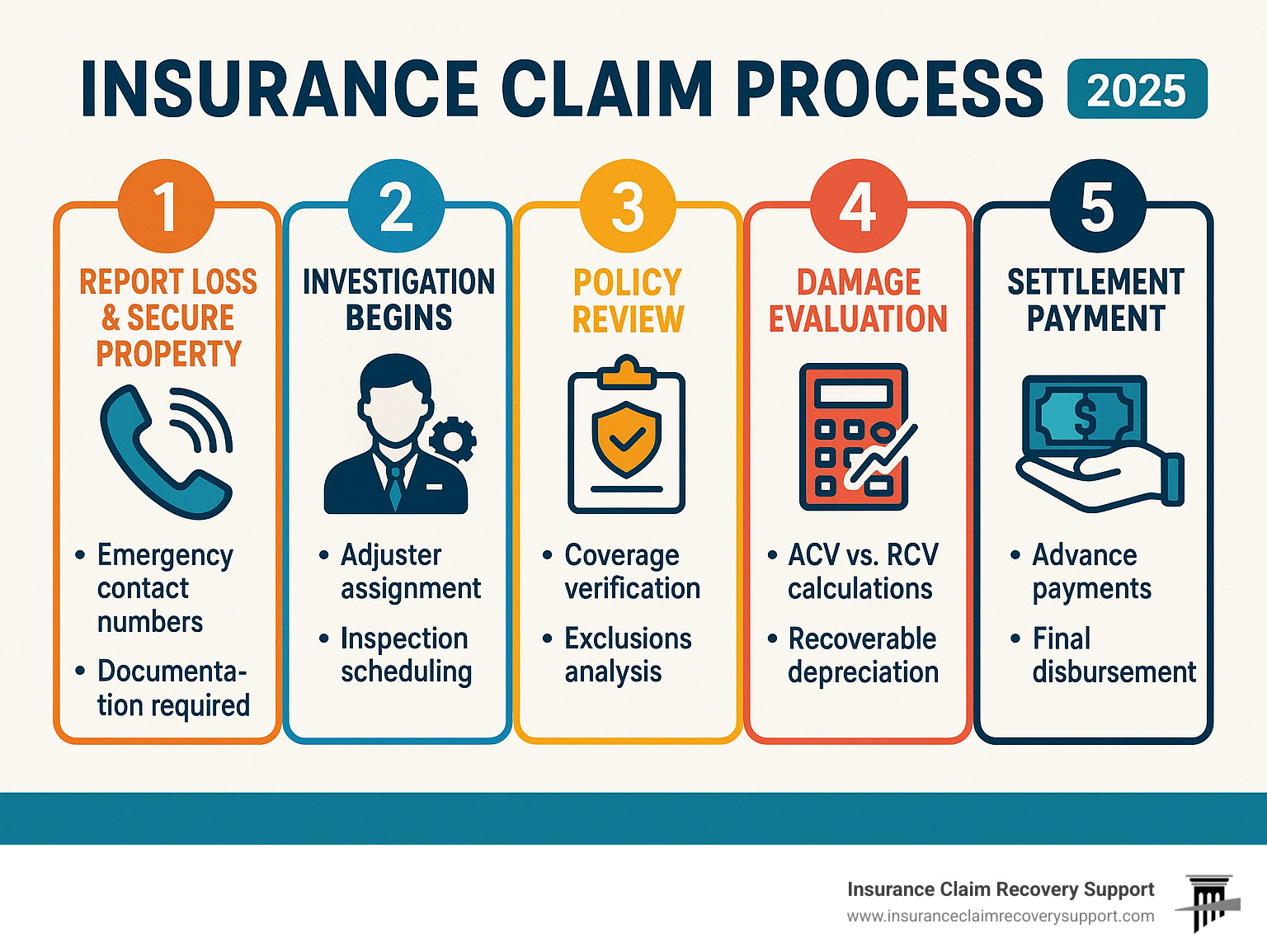 Detailed infographic showing the 5 main stages of insurance claim process: 1. Report Loss and Secure Property with emergency contact numbers and documentation requirements, 2. Investigation begins with adjuster assignment and inspection scheduling, 3. Policy Review showing coverage verification and exclusions analysis, 4. Damage Evaluation including ACV vs RCV calculations and recoverable depreciation, 5. Settlement Payment with advance payments and final disbursement timelines - insurance claim process steps infographic 