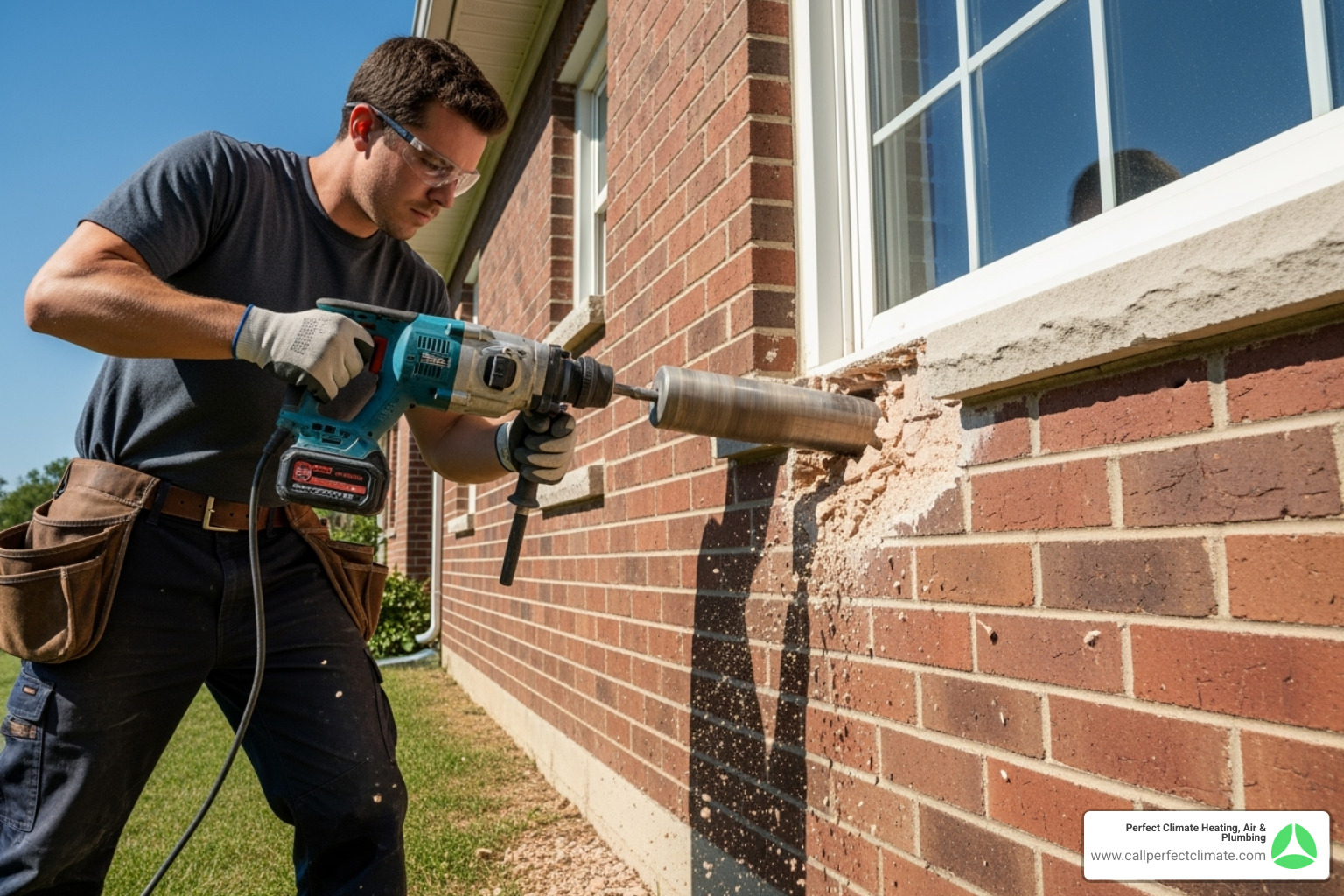 person drilling the hole through the exterior wall for the line set - ductless mini split installation