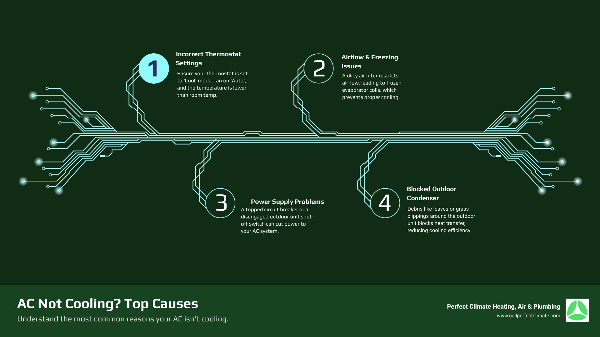 Infographic showing the 5 most common causes of AC not cooling: dirty air filter restricting airflow, incorrect thermostat settings, tripped circuit breaker cutting power to outdoor unit, blocked outdoor condenser unit preventing heat transfer, and frozen evaporator coil from poor airflow - AC system not cooling infographic infographic-4-steps-tech