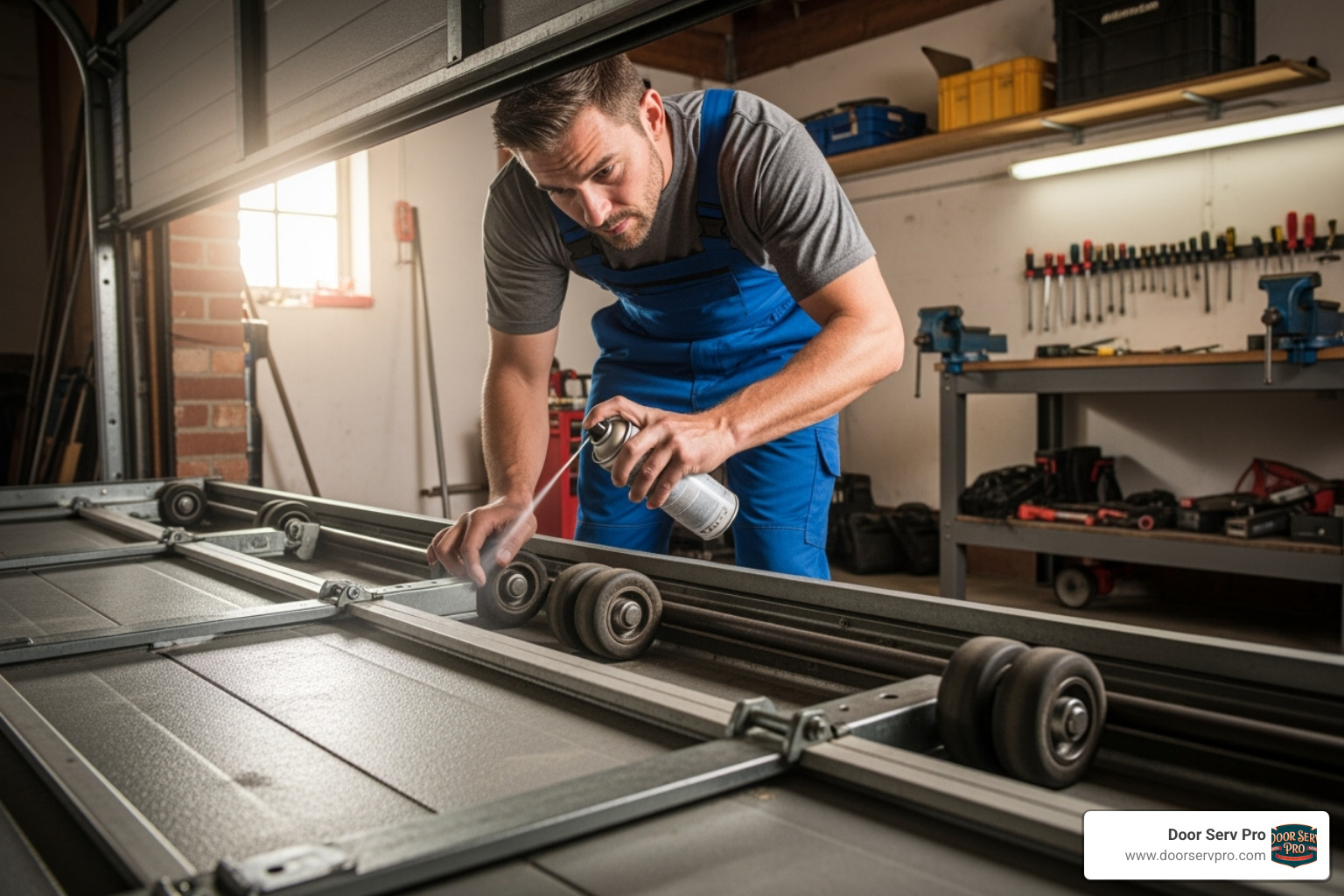 technician lubricating garage door rollers - quick garage door repair