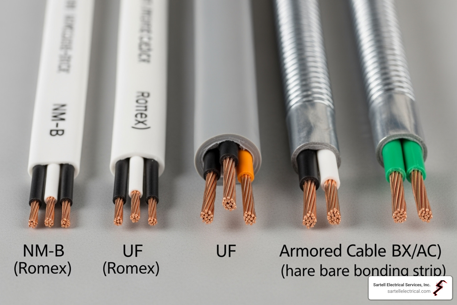Different types of electrical cables like NM-B, UF, and Armored Cable, showcasing their sheathing and internal conductors - standard residential electrical wiring Different types of electrical cables like NM-B, UF, and Armored Cable, showcasing their sheathing and internal conductors - standard residential electrical wiring