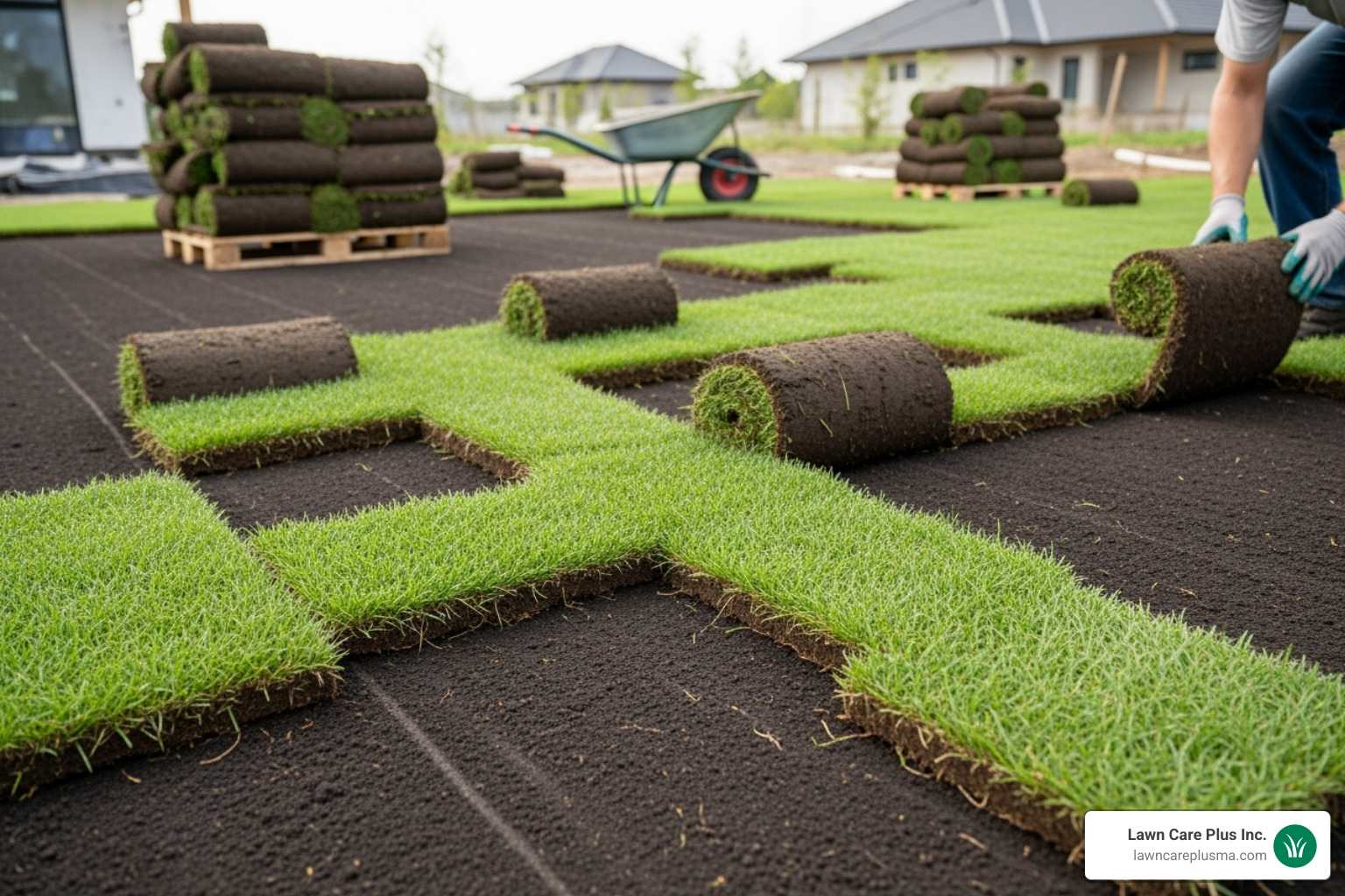 sod being laid in a brick-like pattern - how long does the new lawn installation process take