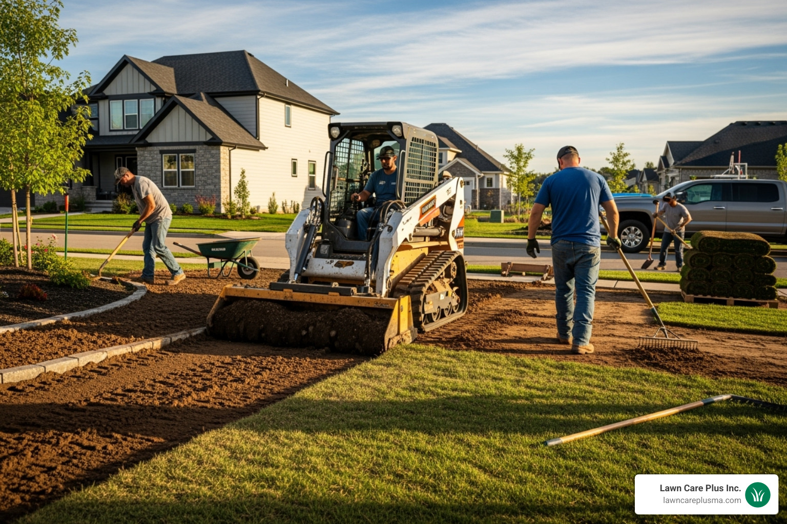landscaping crew grading a yard for new sod - how long does the new lawn installation process take
