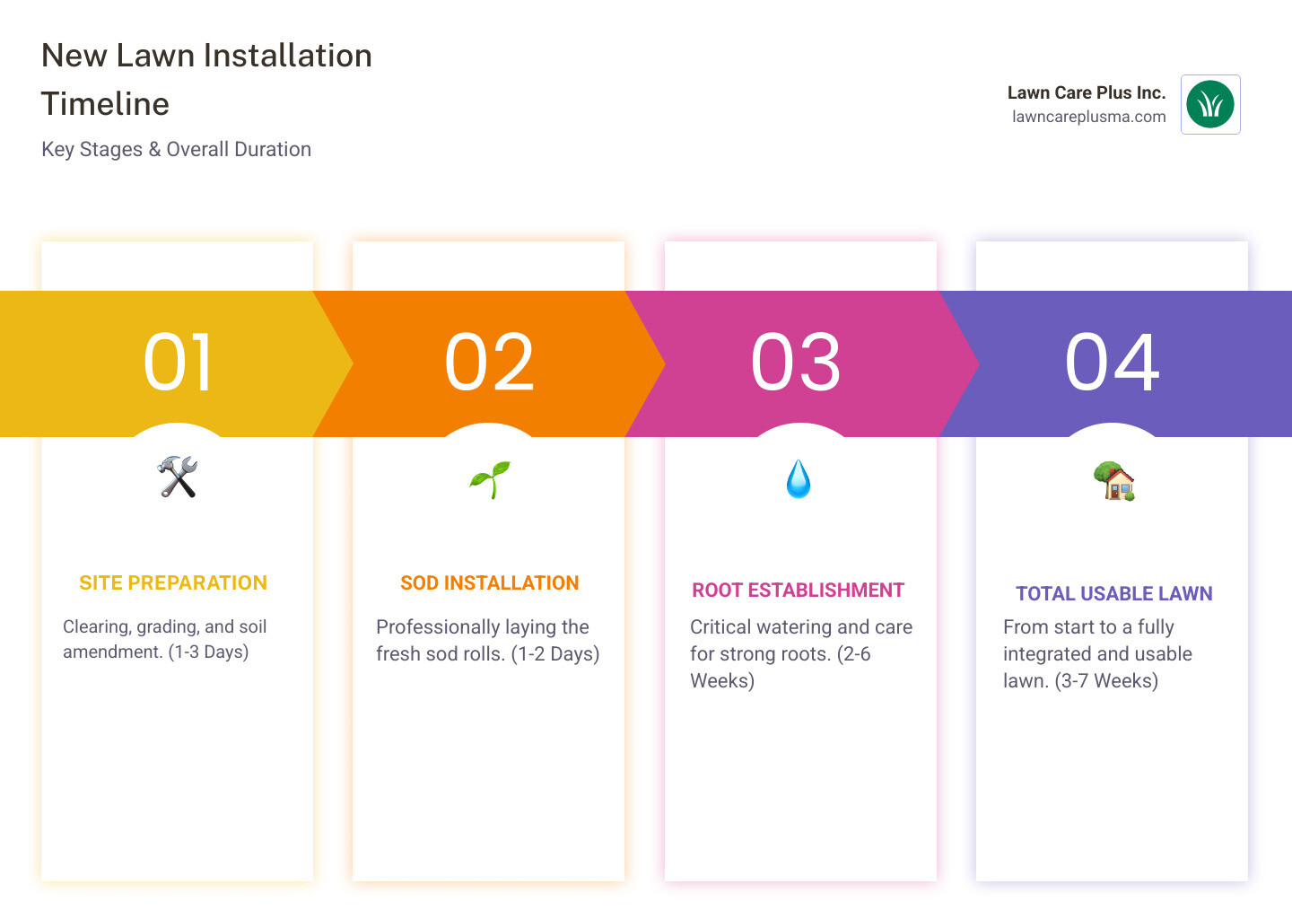 New lawn installation timeline infographic showing three main stages: Site Preparation taking 1-3 days with soil grading and amendment activities, Sod Installation taking 1-2 days with professional laying techniques, and Root Establishment taking 2-6 weeks with daily watering and care requirements - how long does the new lawn installation process take infographic pillar-4-steps