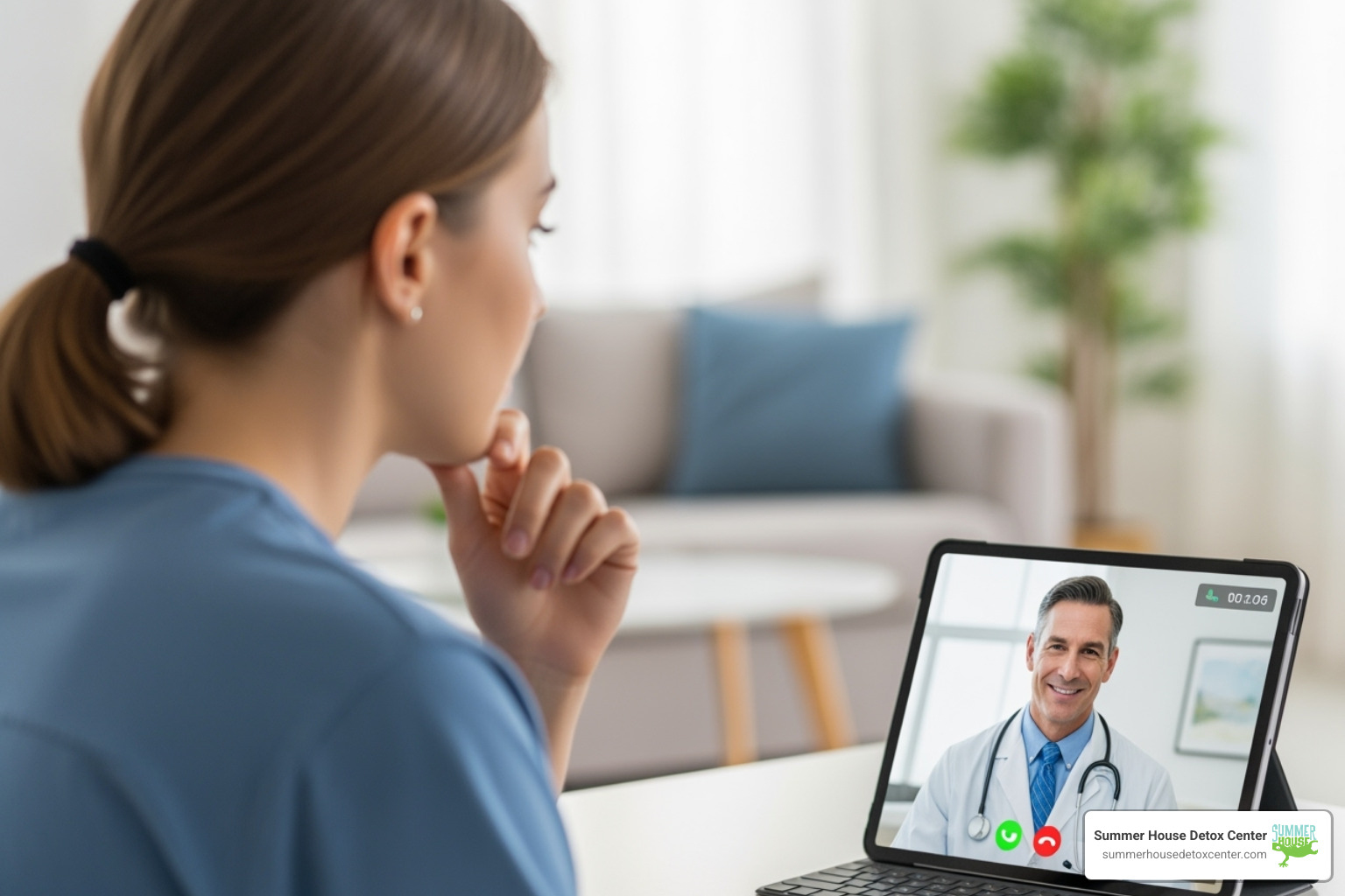 A person talking to a doctor via telehealth, illustrating remote medical consultation - alcohol detox at home