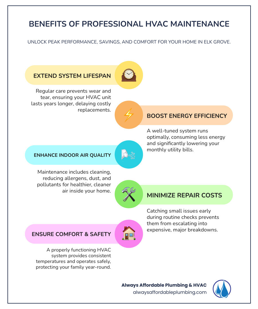 Infographic showing the benefits of professional HVAC maintenance including extended system lifespan, improved energy efficiency, better indoor air quality, reduced repair costs, and improved home comfort and safety - Elk Grove HVAC company infographic infographic-line-5-steps-colors