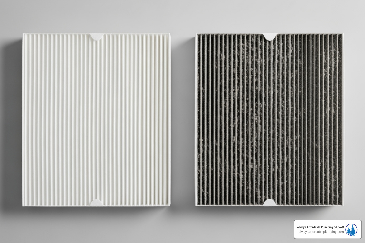Image of a clean air filter next to a dirty one - Elk Grove HVAC company