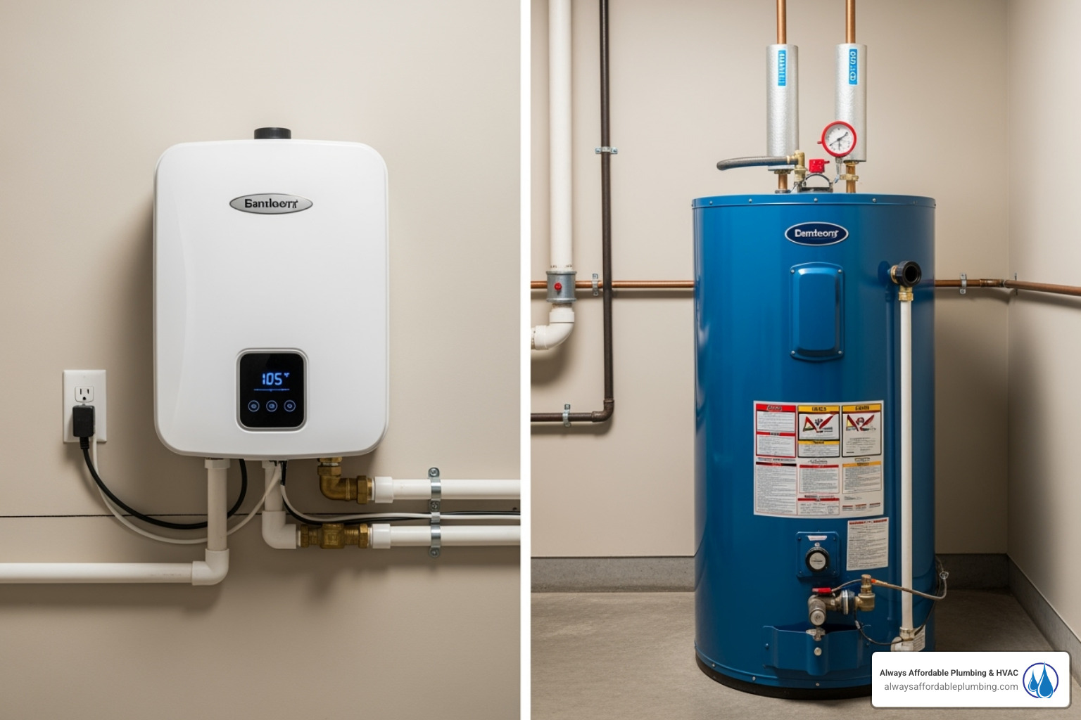 Side-by-side comparison of a tankless unit and a traditional tank water heater - tankless water heater installation citrus heights