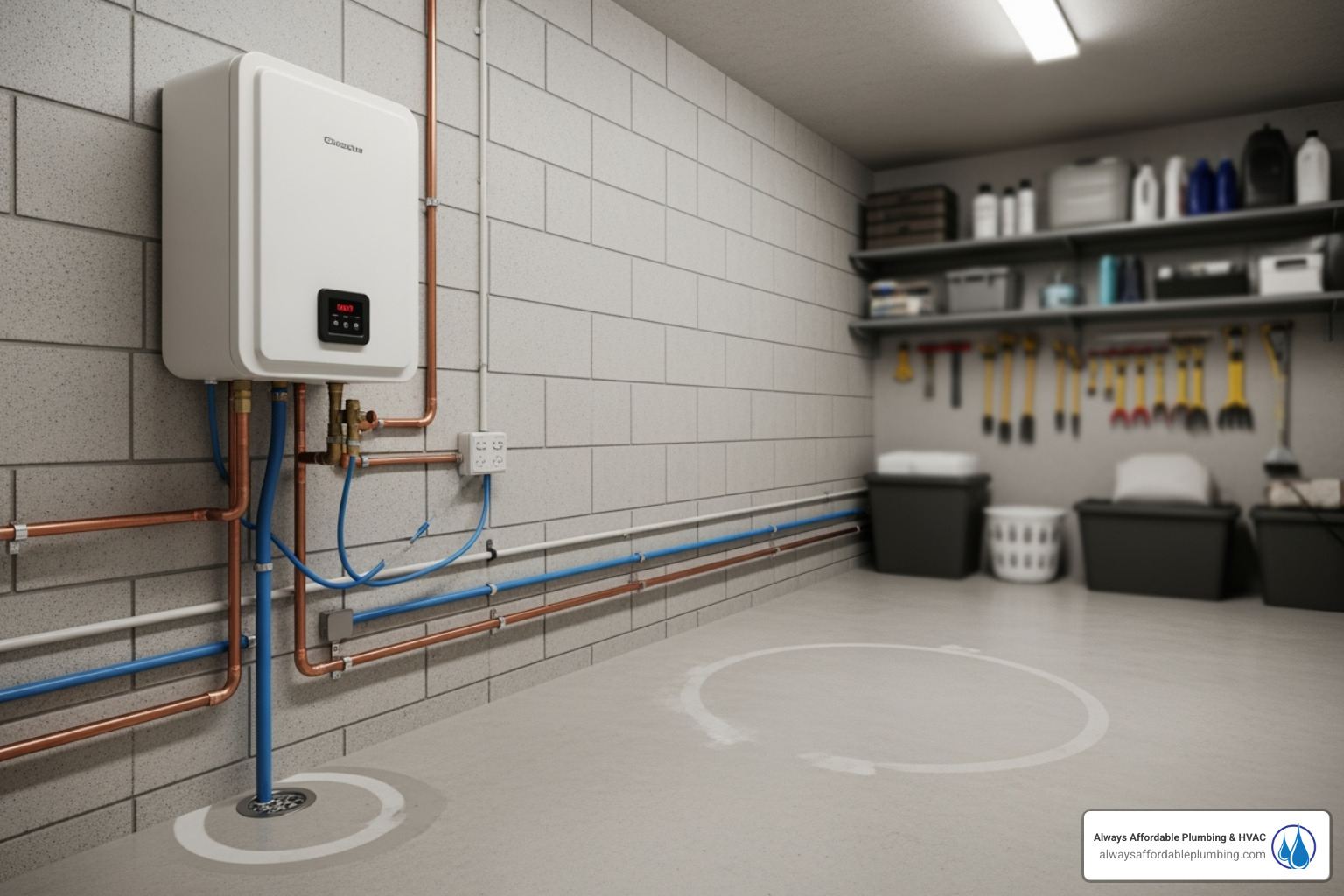 Extra storage space created by replacing a large tank heater with a compact tankless unit - tankless water heater installation citrus heights