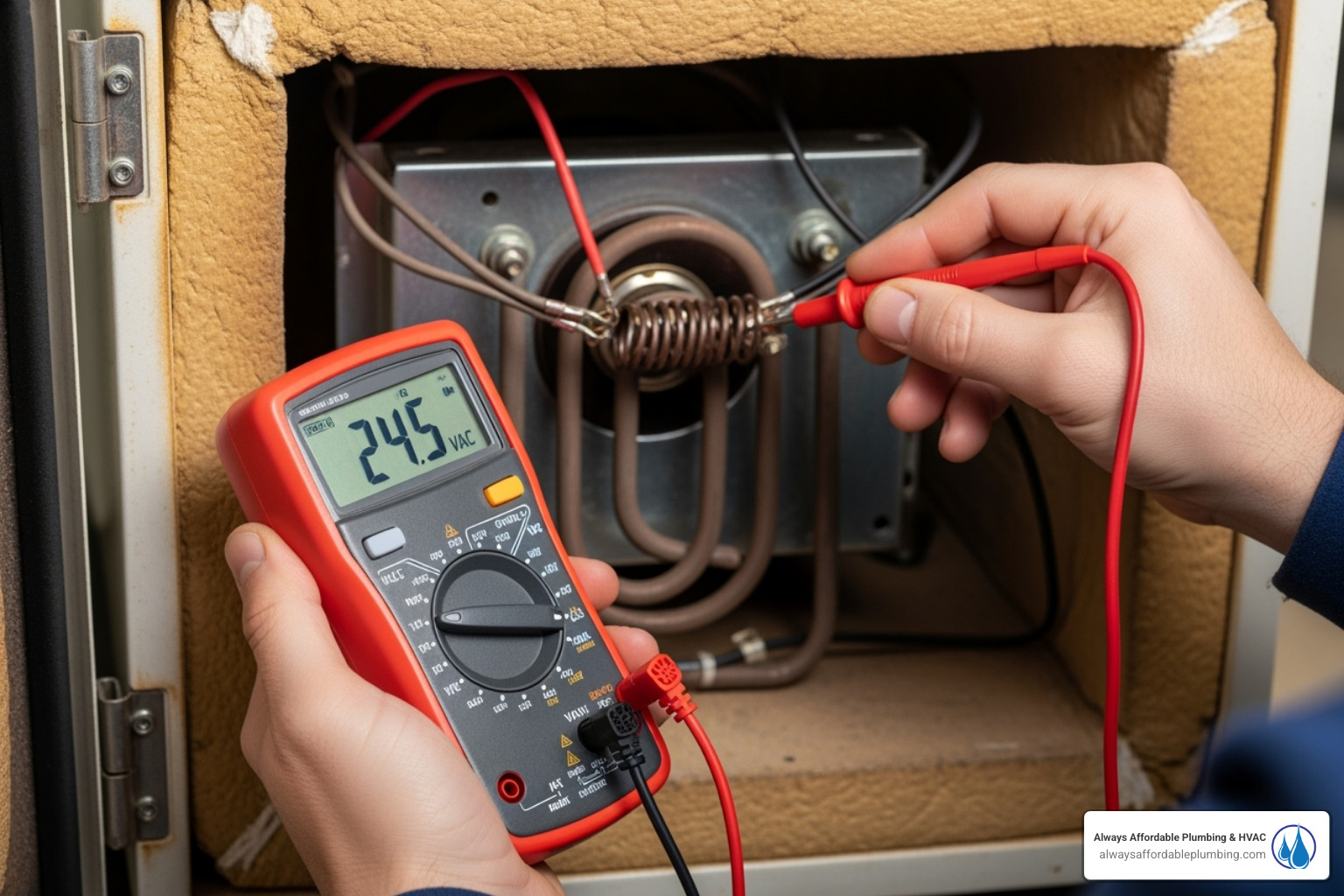 multimeter being used to test an electrical component inside a furnace - Electric furnace repair