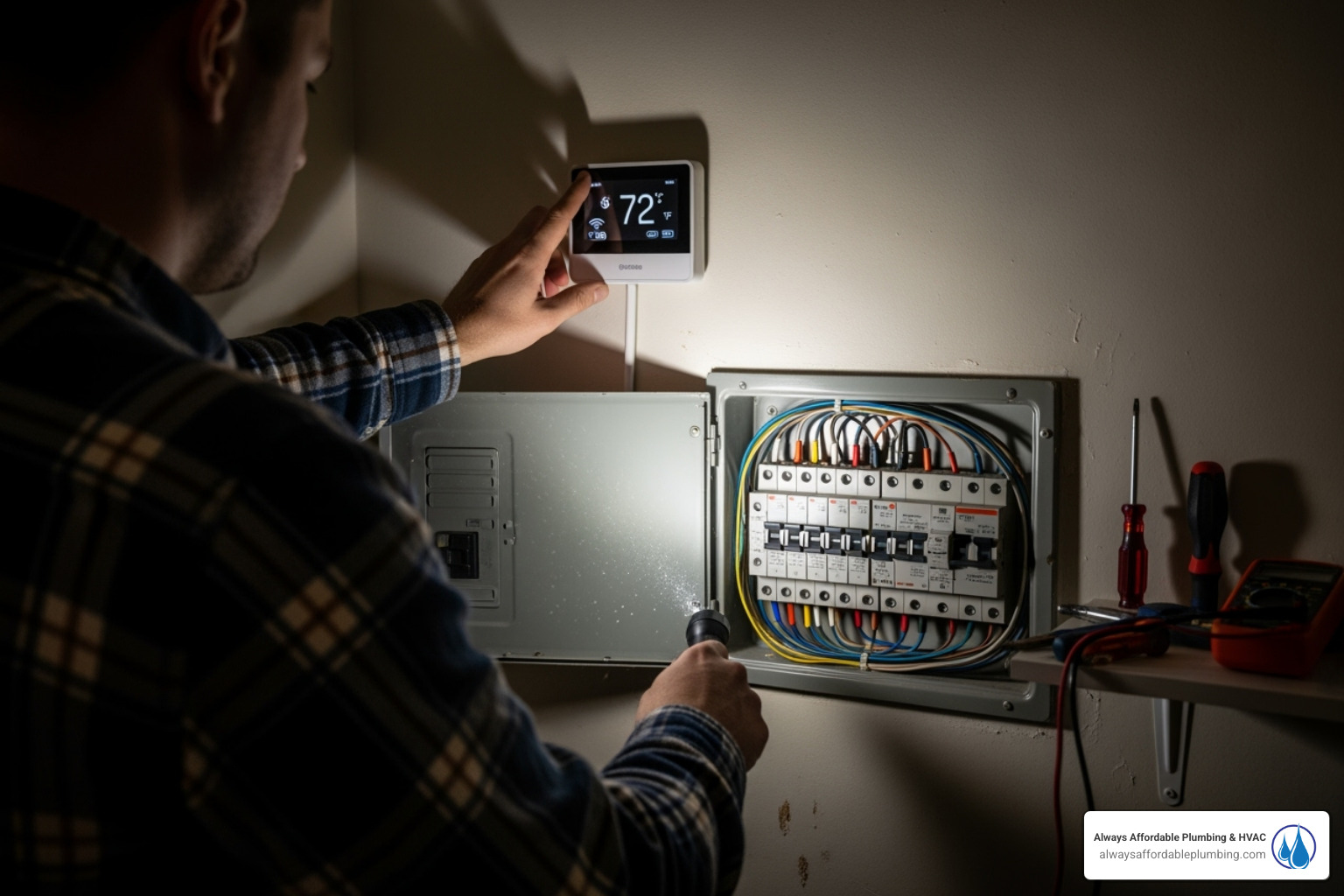 person checking a thermostat and a circuit breaker panel - Electric furnace repair
