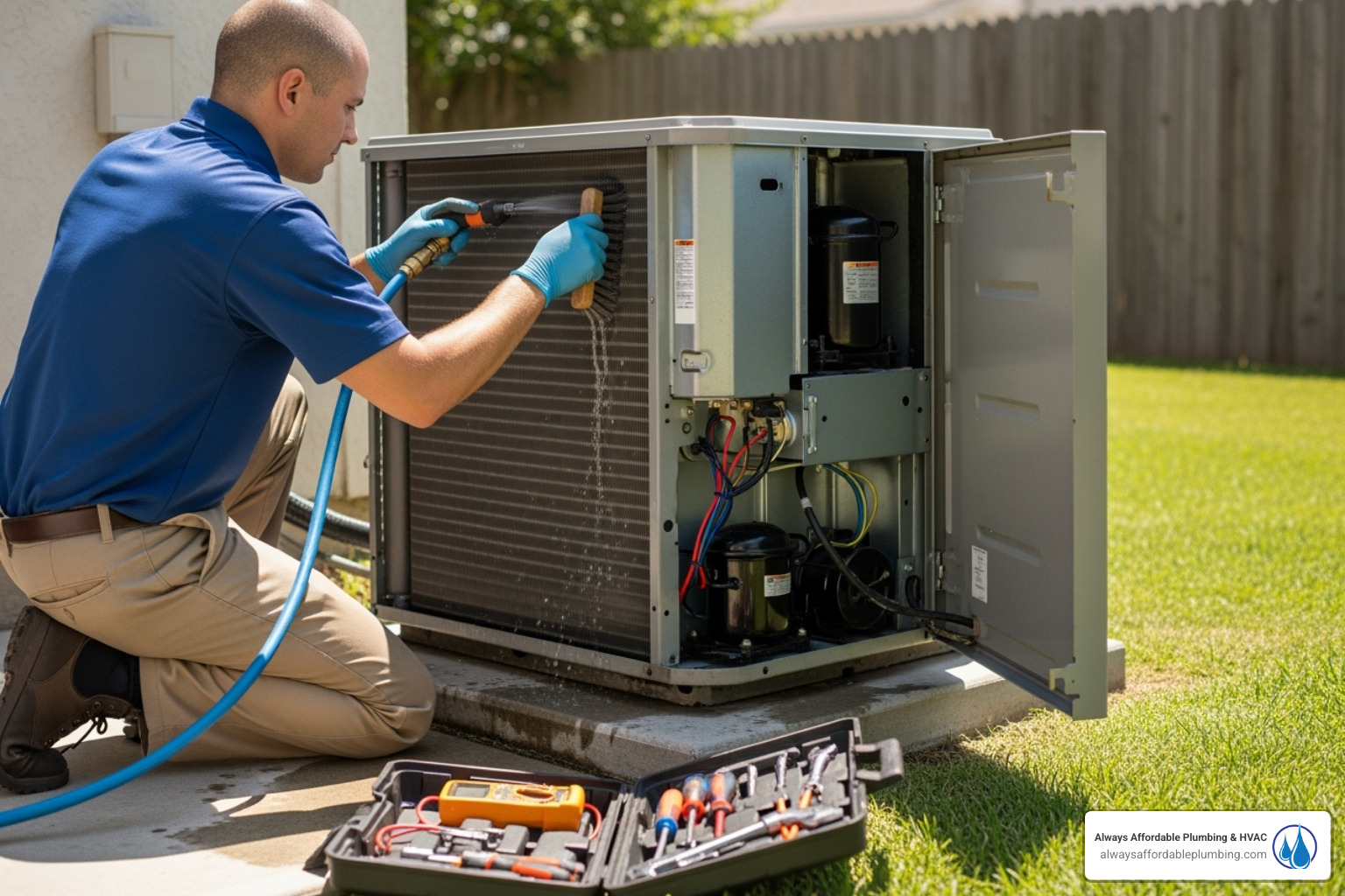 A technician performing routine AC maintenance, cleaning coils and checking components. - emergency ac repair elk grove ca