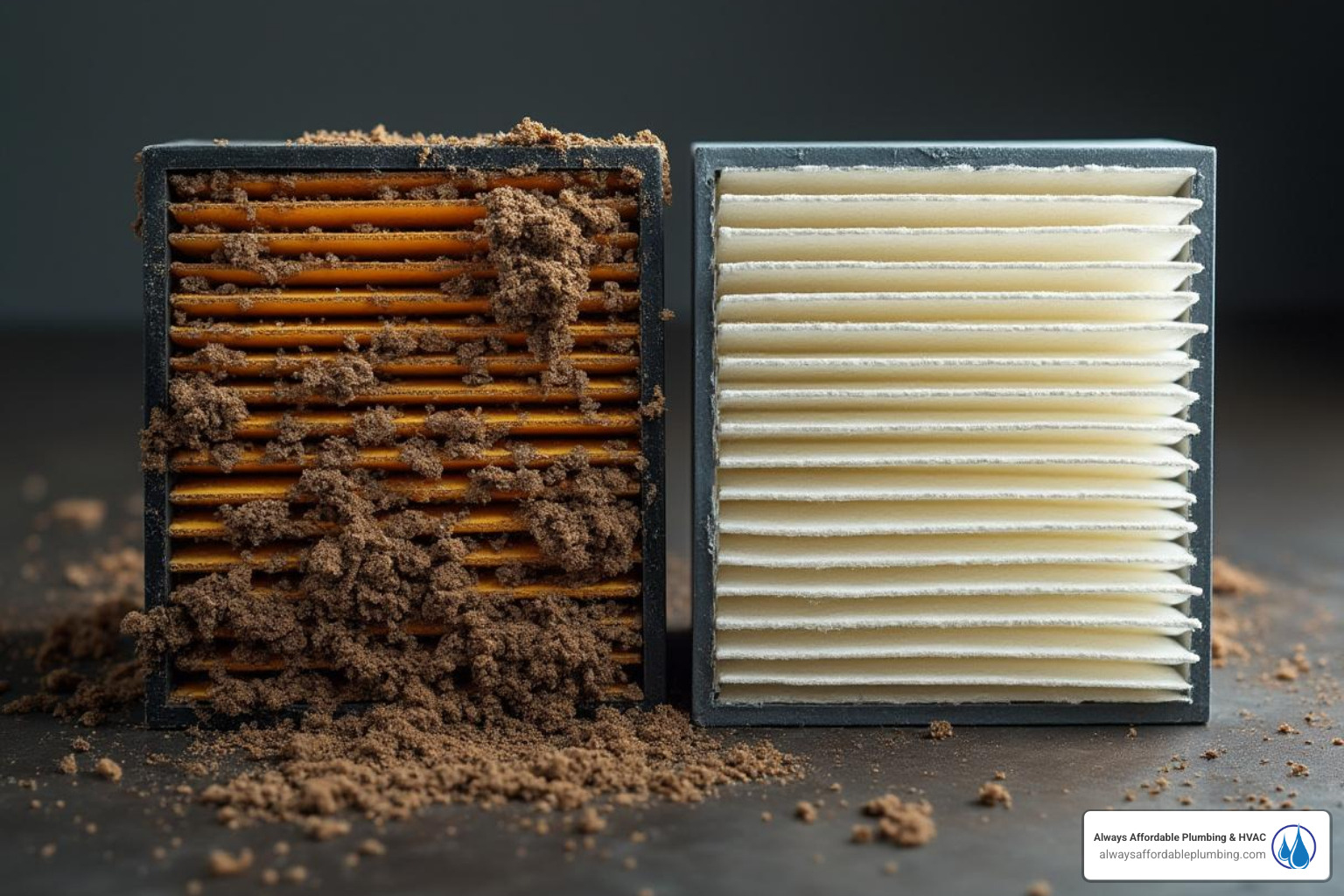 A dirty, clogged air filter next to a clean one, illustrating the stark difference and the importance of regular replacement for AC efficiency. - emergency ac repair elk grove ca