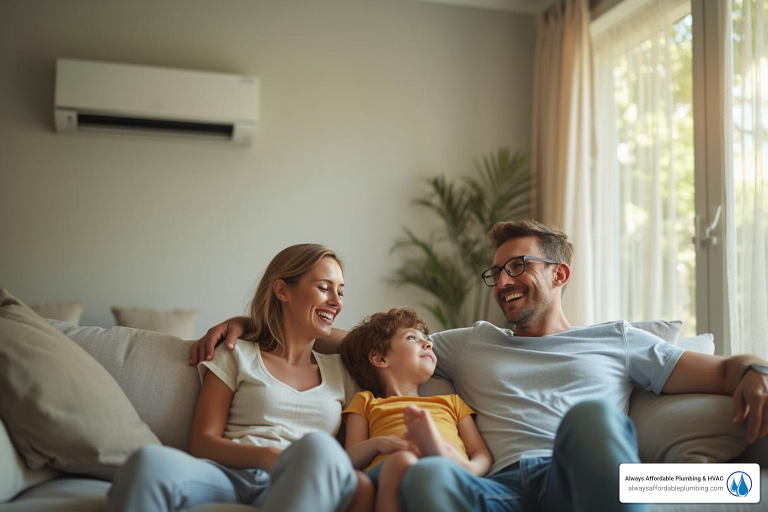 A family looking relieved and comfortable in their cool living room, with a functional AC unit providing a refreshing breeze during an Elk Grove summer. - emergency ac repair elk grove ca