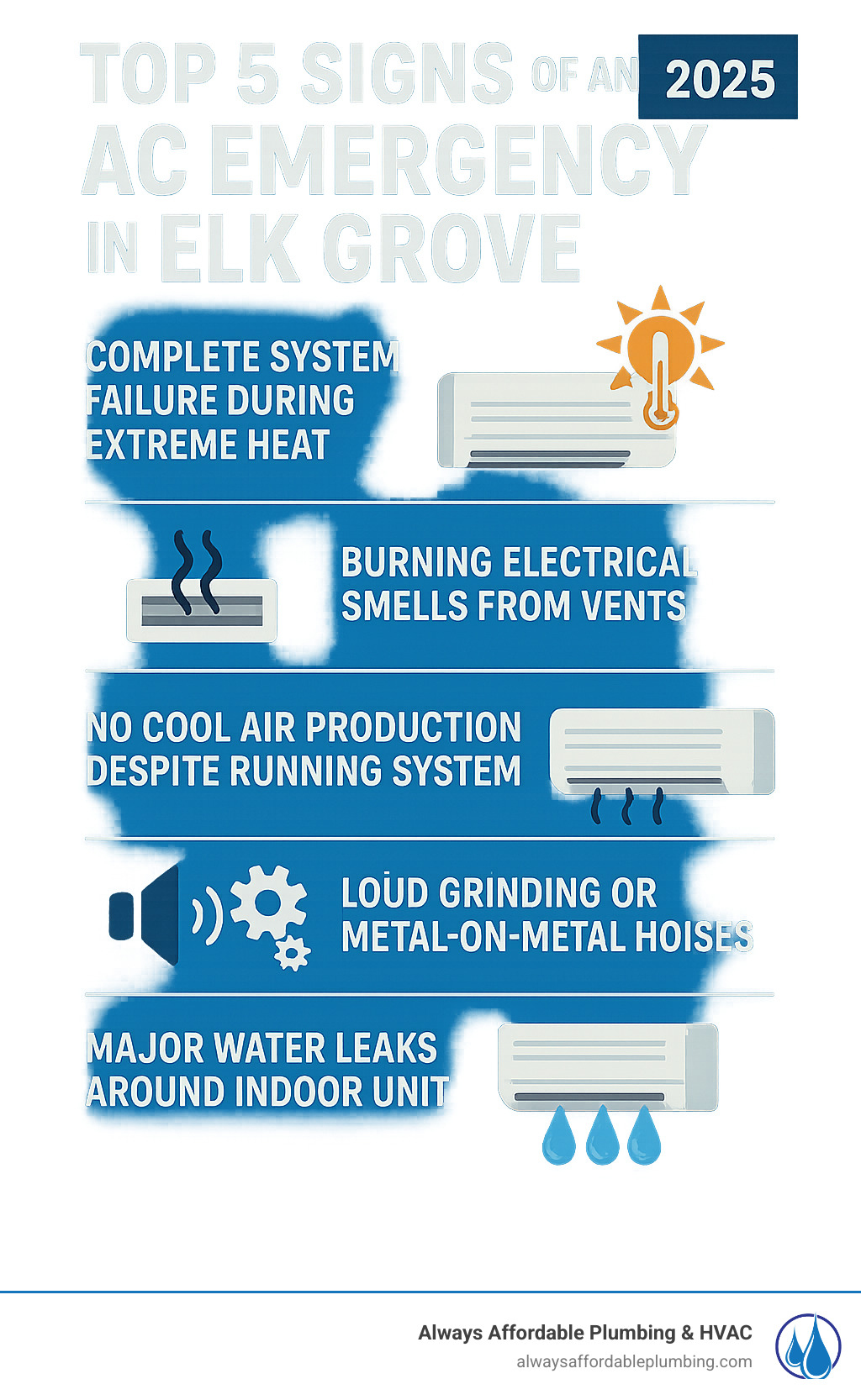 Infographic showing the top 5 signs of an AC emergency in Elk Grove: complete system failure during extreme heat, burning electrical smells from vents, no cool air production despite running system, loud grinding or metal-on-metal noises, and major water leaks around the indoor unit - emergency ac repair elk grove ca infographic 