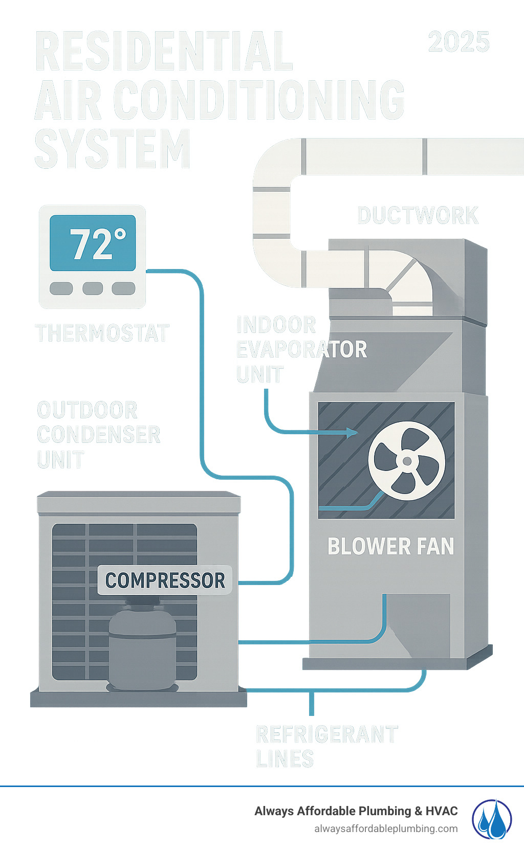 Infographic showing the main components of a residential air conditioning system including the outdoor condenser unit with compressor and condenser coils, indoor evaporator unit with blower fan, ductwork distribution system, thermostat controls, and refrigerant lines connecting the components - ac repair folsom infographic 