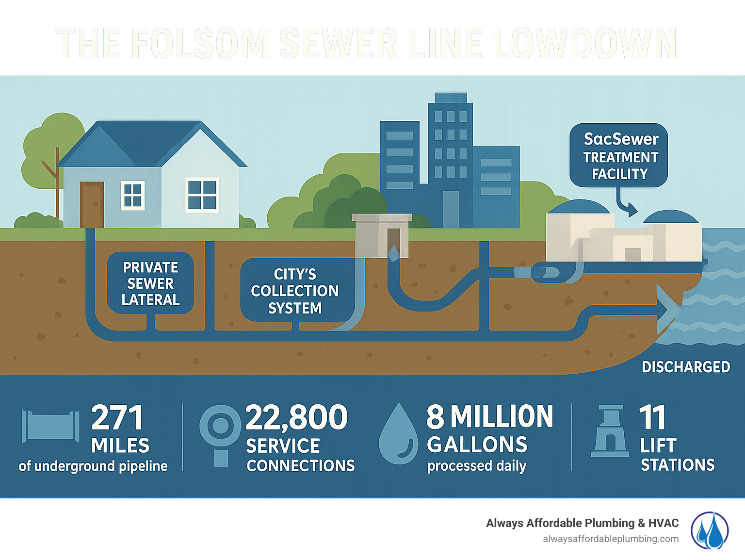 Detailed infographic showing the path of wastewater from a typical Folsom home through the private sewer lateral, into the city's collection system with lift stations and pipelines, and finally to the SacSewer treatment facility where it's processed and discharged - sewer line Folsom infographic 