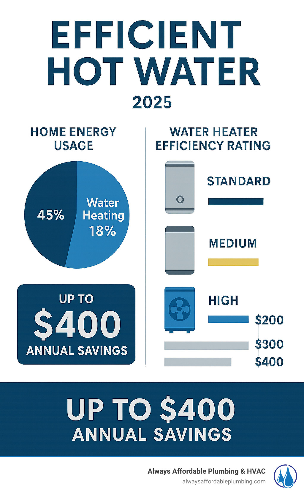 Infographic showing home energy usage breakdown with water heating highlighted as 18% of total energy consumption, comparing different water heater efficiency ratings and potential annual savings - Efficient hot water infographic 
