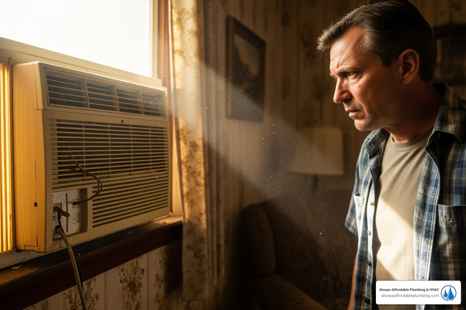 A homeowner looking concerned at an old, noisy air conditioner, indicating common signs for HVAC replacement - hvac replacement folsom