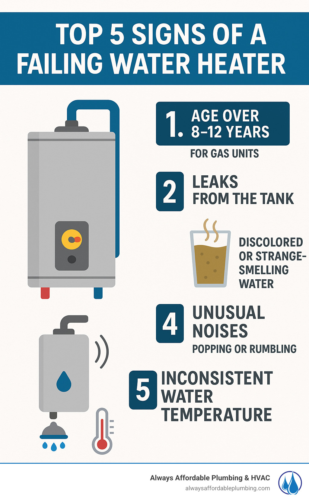 Infographic showing the top 5 signs of a failing water heater: age over 8-12 years for gas units, leaks from the tank, discolored or strange-smelling water, unusual noises like popping or rumbling, and inconsistent water temperature - water heater installation near infographic 