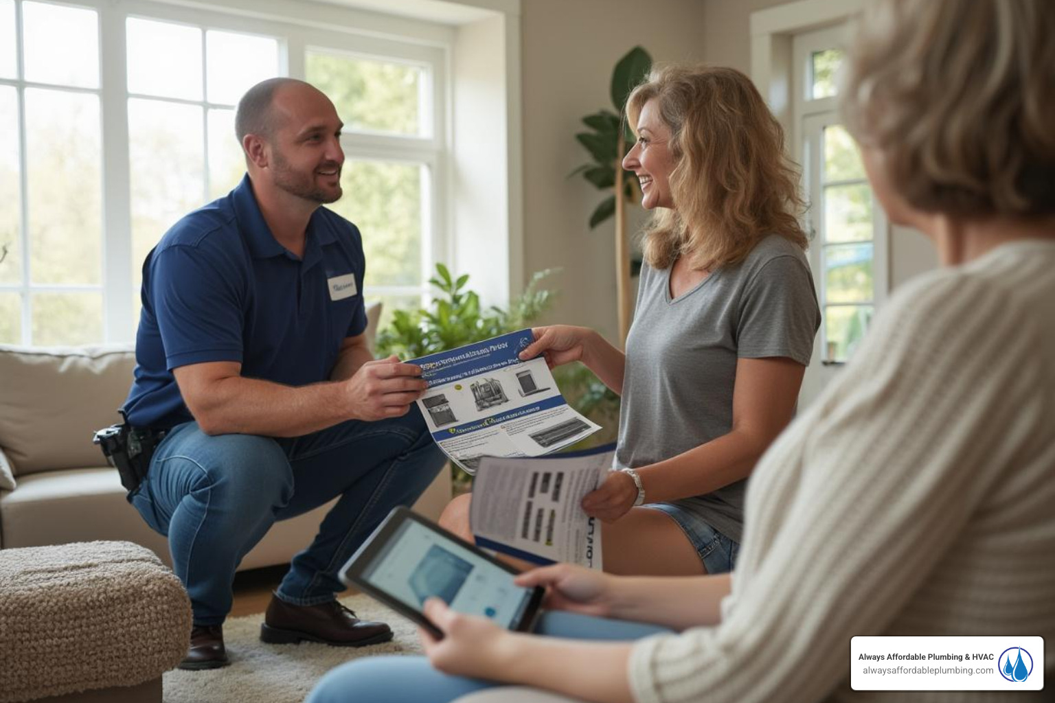 A friendly technician explaining different HVAC system options to a homeowner, showcasing various choices for replacement - hvac replacement folsom